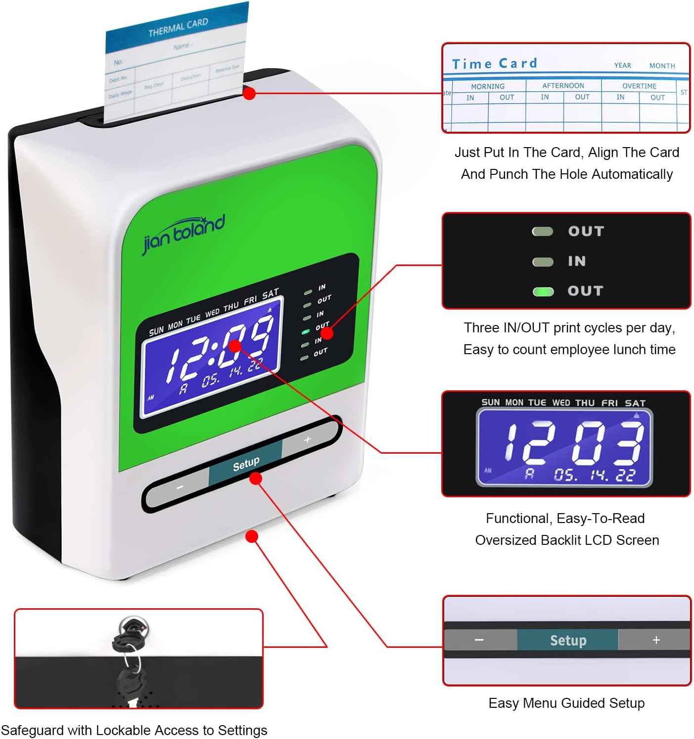 Employee Thermal Time Clock for Small Business | in/Out Punch Clock, No Ink Ribbon No Network Required, Includes 50 Time Cards & 2 Keys, 0 Monthly Fee