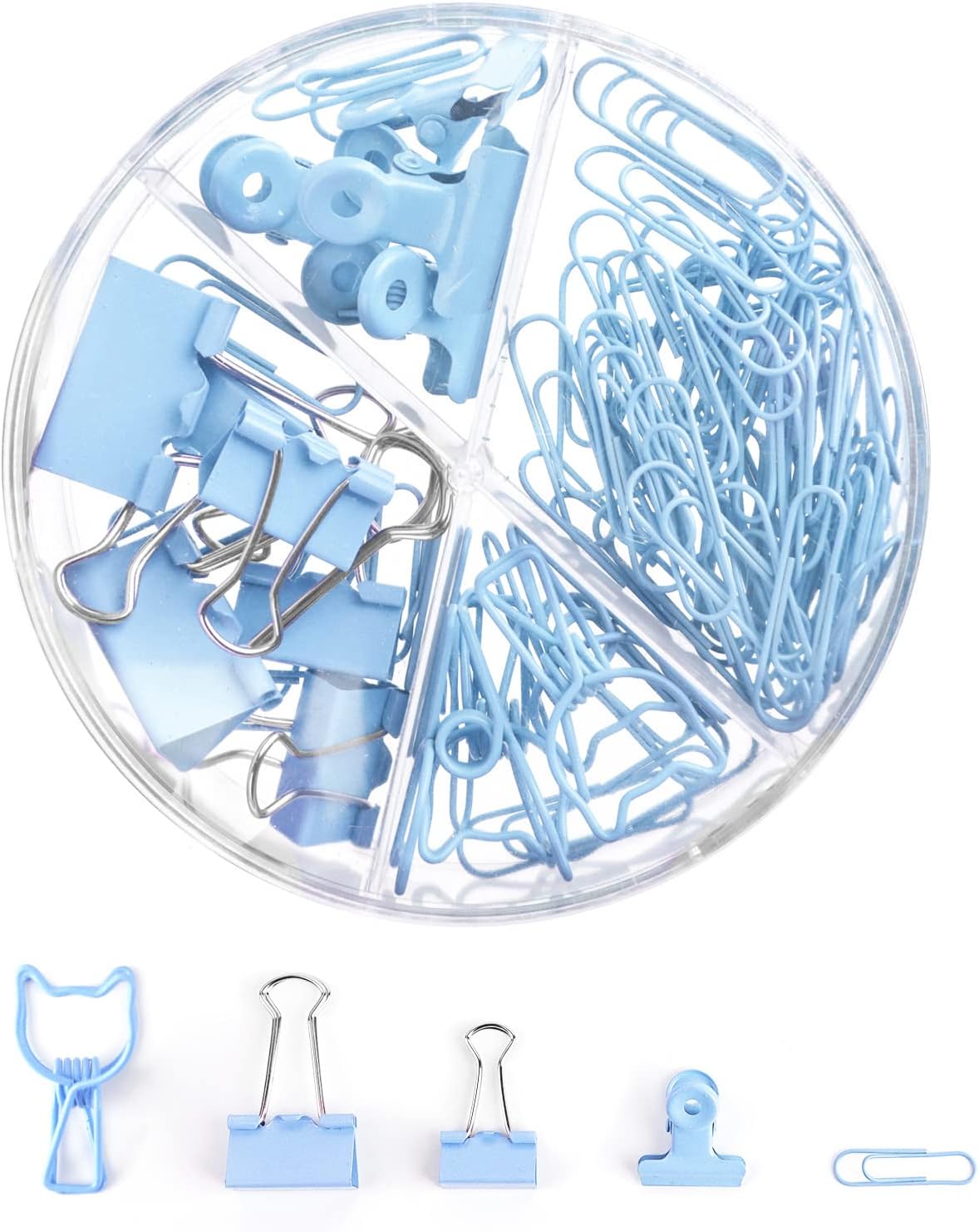 Blue Paper Clips and Binder Clips Set, Metal Assorted Sized Binders with Push Pins, Cute Office Supplies for Desk, Desk Accessories