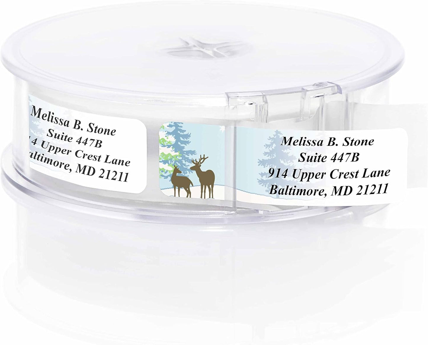 Festive Deer Designer Rolled Address Labels with Elegant Plastic Dispenser - Lumora Desk