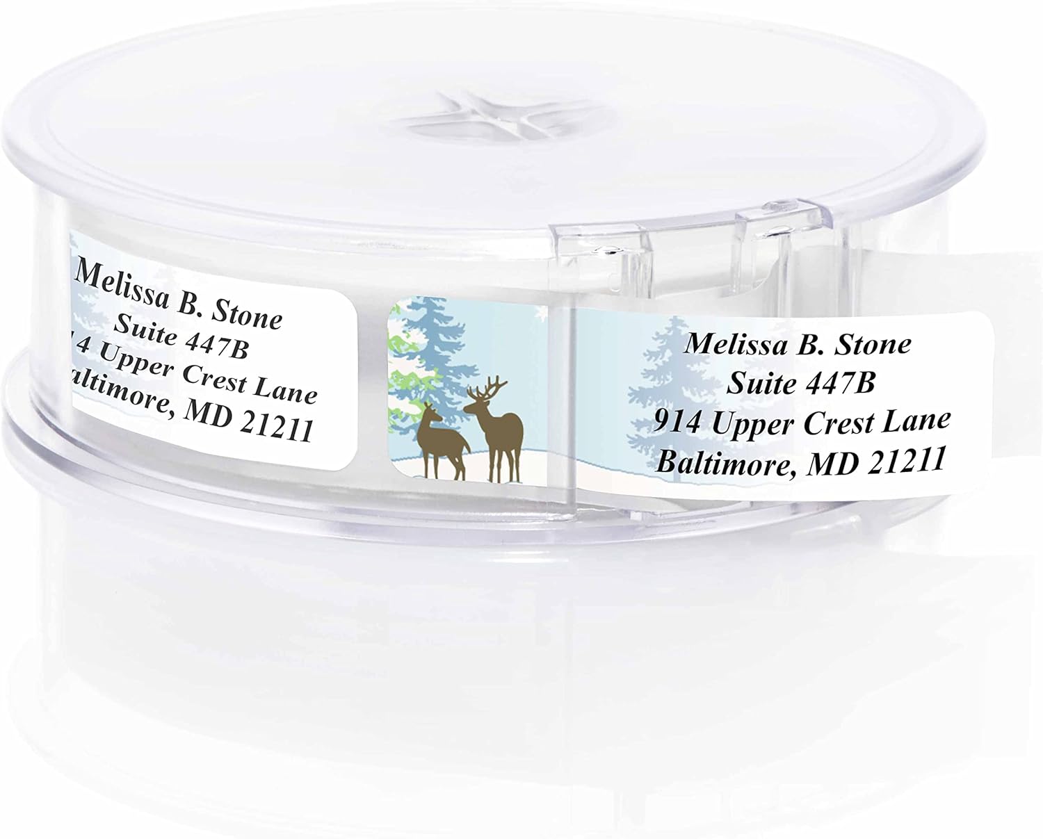 Festive Deer Designer Rolled Address Labels with Elegant Plastic Dispenser - Lumora Desk