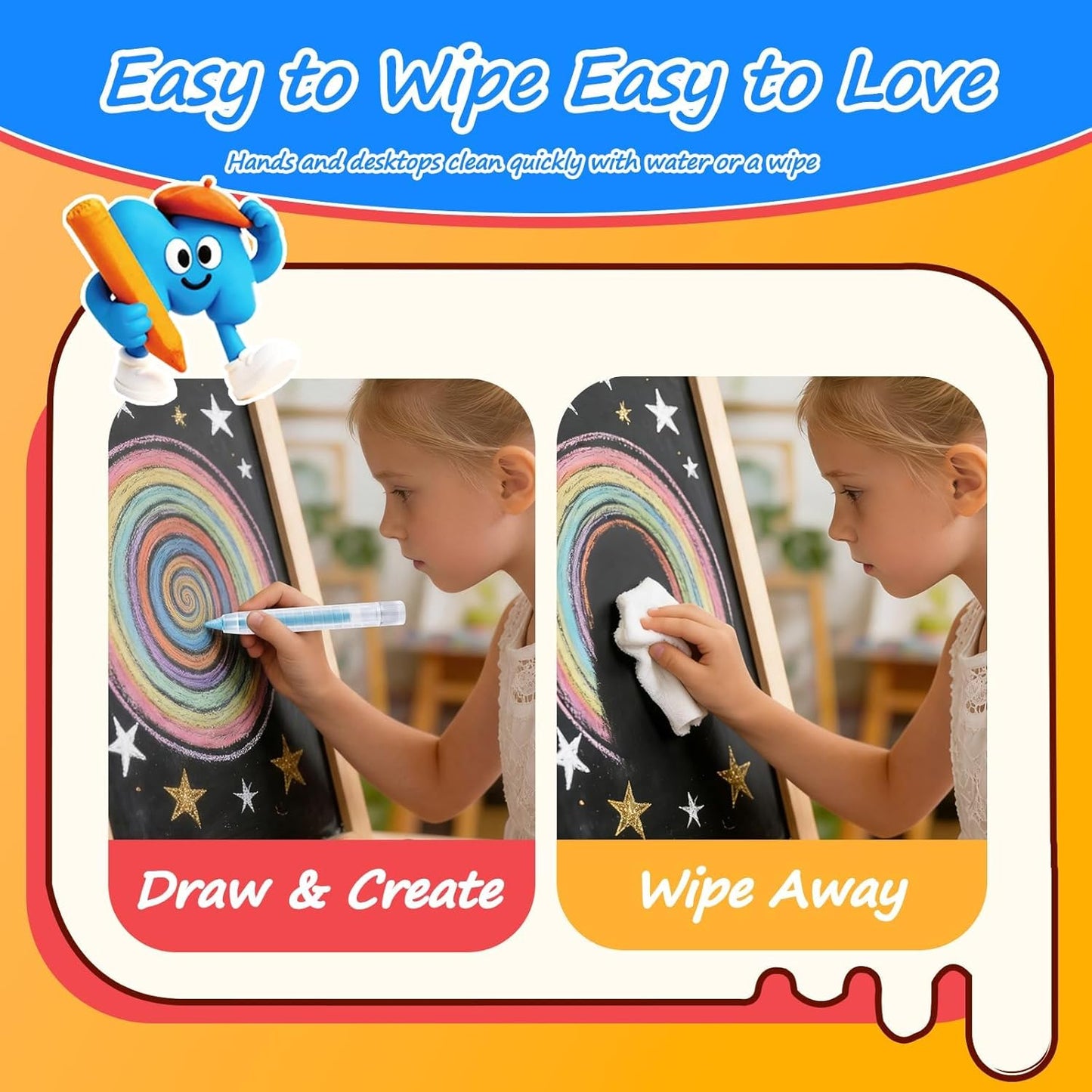 NewFamily 12-Color Dustless Chalk for Kids with Protective Holders, Washable & Non-Toxic, Smooth Writing & Easy to Erase for Chalkboard, Indoor & Outdoor Use