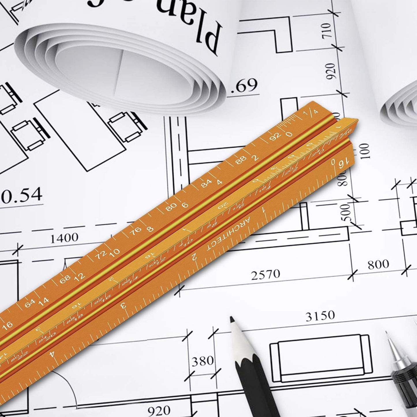 12" Architectural Scale Ruler Aluminum Architect Scale Triangular Scale Ruler for Architects, Draftsman, Students and Engineers, Golden