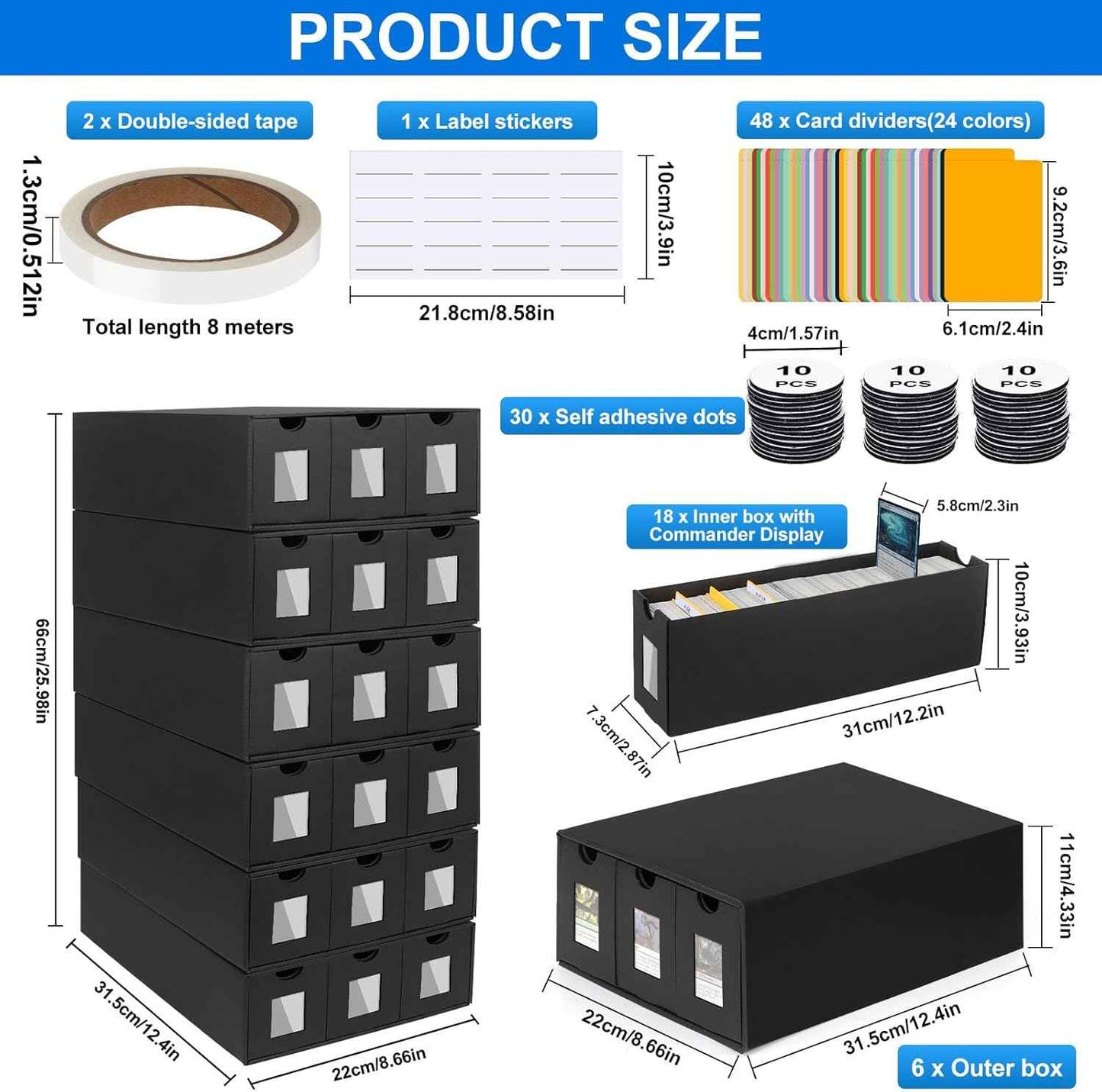 Trading Card Storage Box, 18000+ Cards Deck Box for MTG Commander, Trading Cards Organizer with 48 Card Dividers, Labels & Tapes, Visible Card Deck Boxes for MTG TCG PTCG Sport Cards