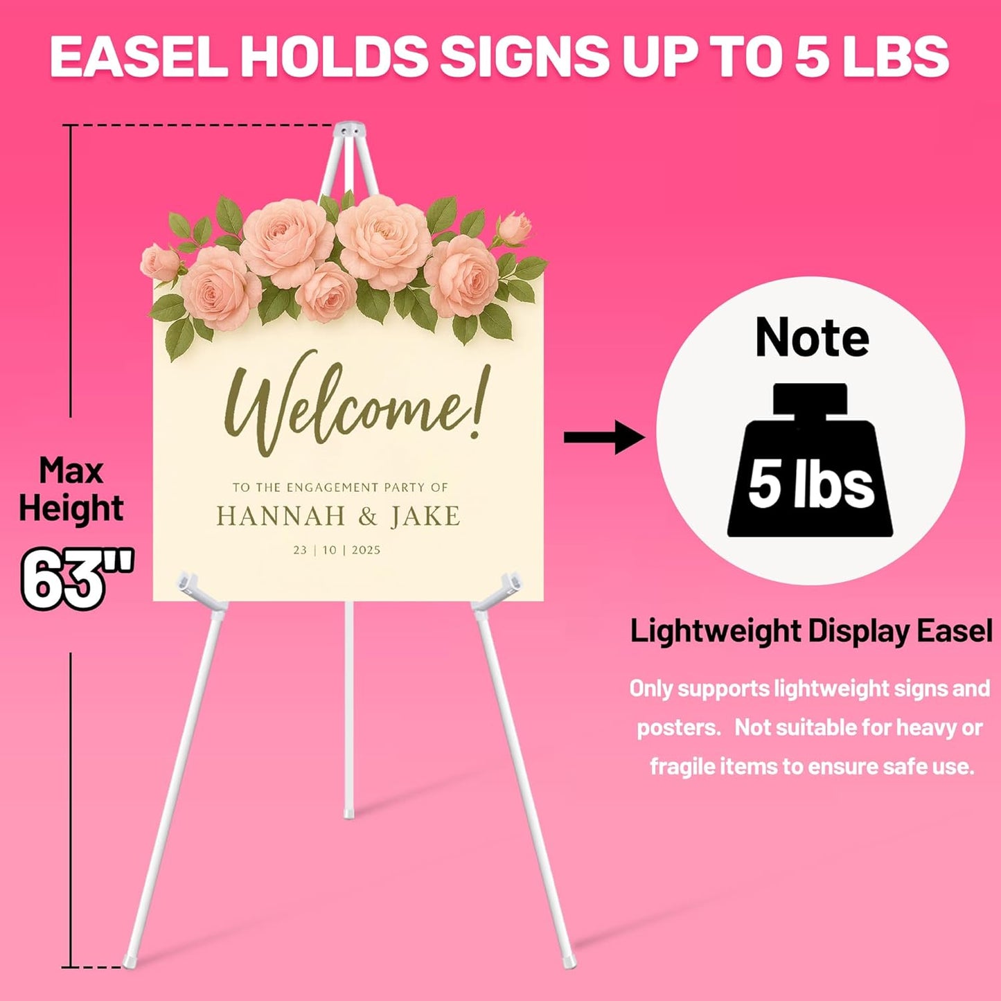 2 Pack White Easel Stand for Sign & Poster - 63" Adjustable Metal Easels for Wedding Welcome Sign, Painting, Canvas, Art Display - Portable Folding Tripod with Carry Bag, Holds 5 Lbs