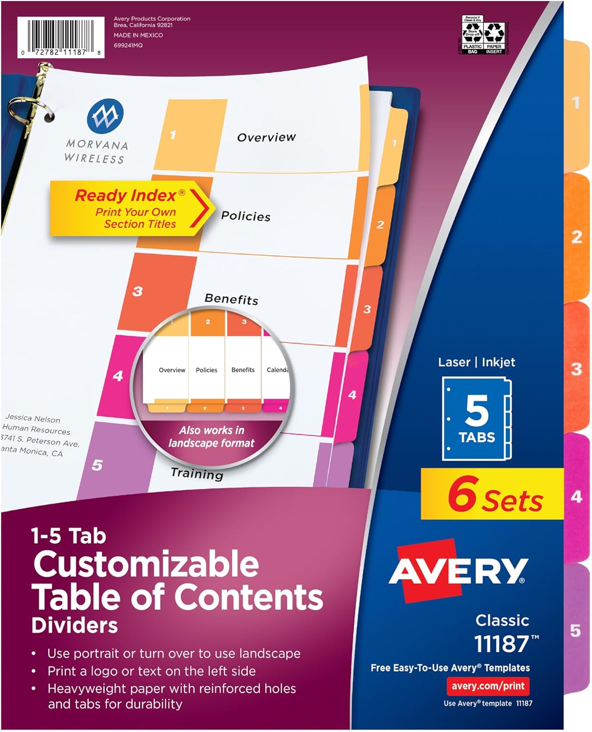 Avery 5 Tab Dividers for 3 Ring Binders, Customizable Table of Contents, Multicolor Tabs, 6 Sets (11187)