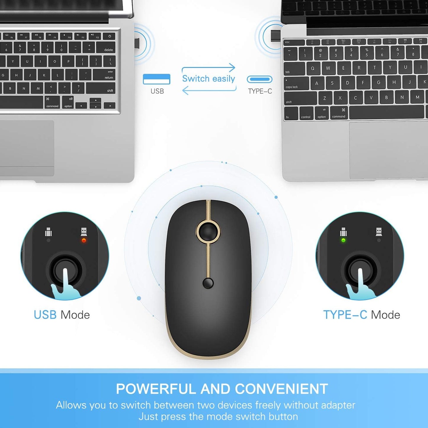 VssoPlor Type C Wireless Mouse USB C Rechargeable Portable Quiet Mouse USB and Type C Receiver Dual Mode Laptop Mouse for PC, Laptop, MacBook, Tablet-Black Gold