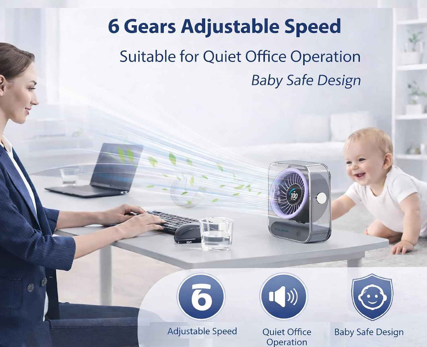 KALAMAN Desk Fan, 4000mAh Quiet Table Fan with Turbo Airflow, 6-Gear Speed Digital Display & 30° Adjustable Tilt, Rechargeable Battery Portable Fan for Home, Office, Travel (Grey/Purple)