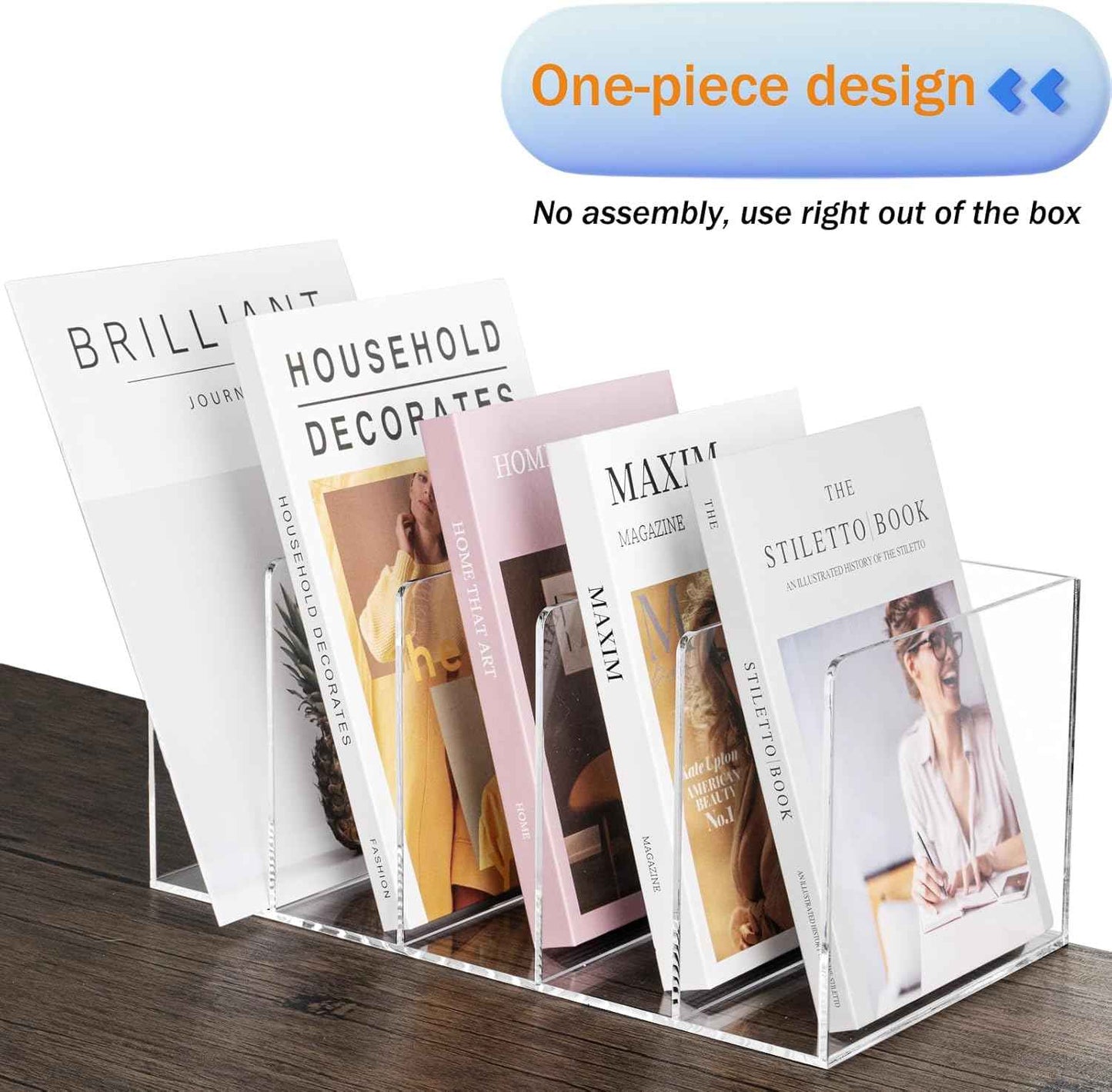 Acrylic Magazine File Holder with 5 Vertical Compartments, Clear Desk Organizer and Magazine Storage Rack File Organizer Bookshelf for Office Desktop Accessories, Home Workspace