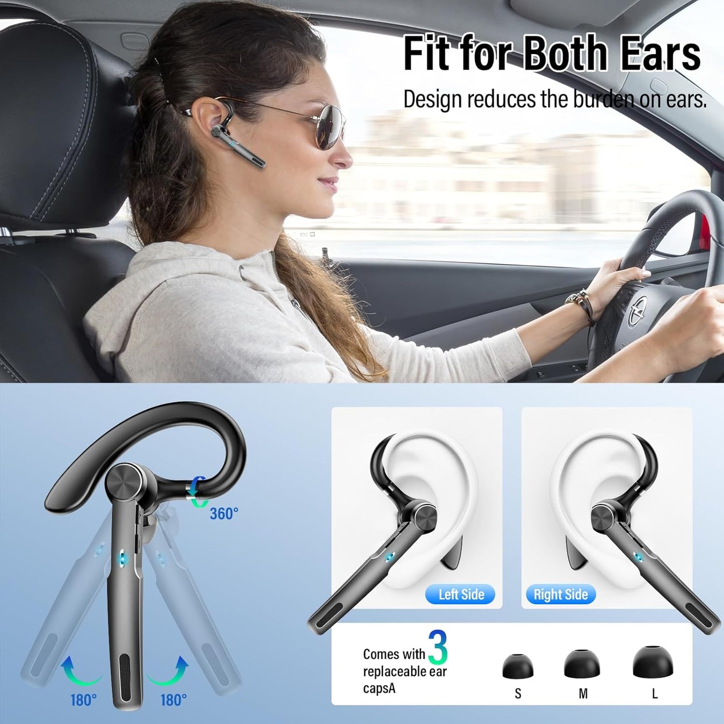 Bluetooth Headset, Wireless Earpiece with ENC Microphone, Single-Ear Bluetooth Earpiece V5.3 with Earhook, 60H Talktime, IP7 Waterproof Hands Free Earphones for for Business/Office, Carbon Black