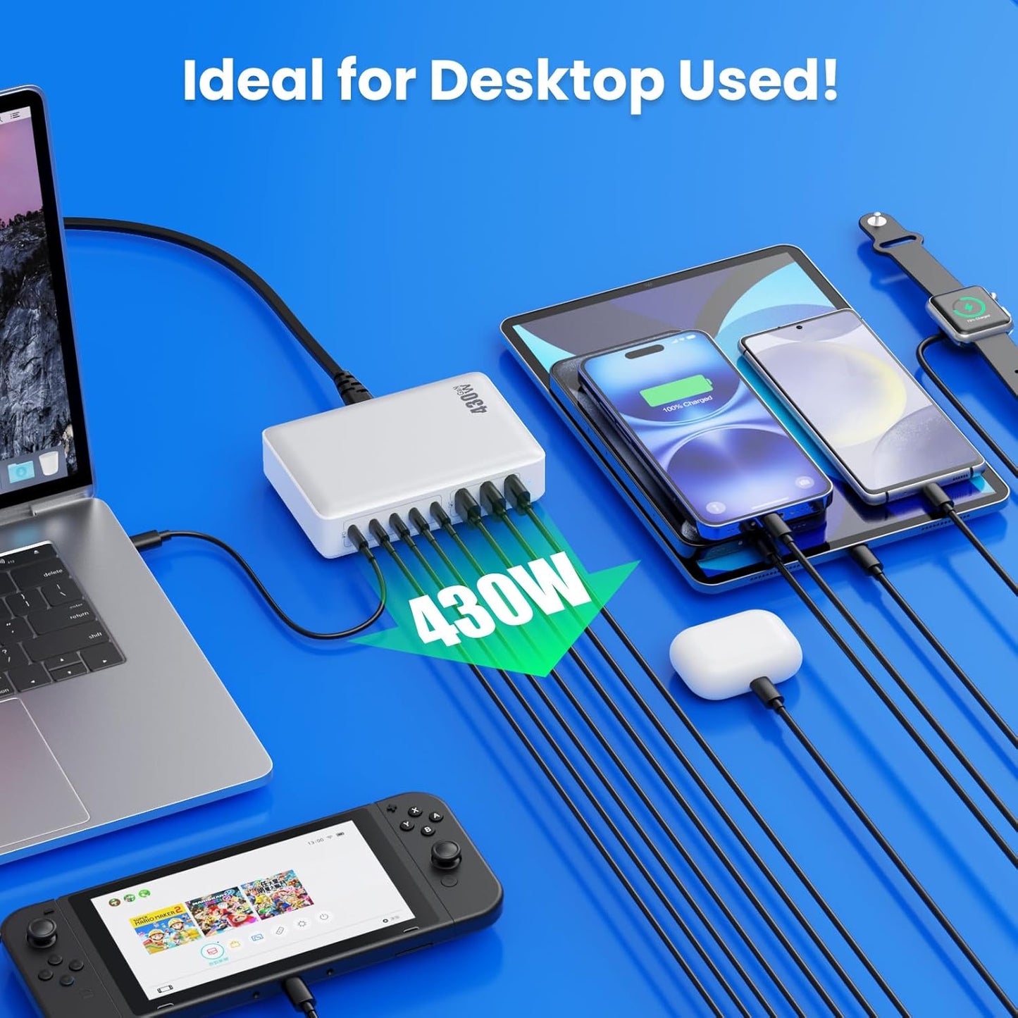 USB C Charger 430W USB C Charger Block, 8-Ports GaN IV Fast Charging Station Hub,PD 100W Laptop Charger Adapter,for MacBook Pro/Air/iPad/iPhone16/15/14/Apple Watch/DELL/Samsung for Home Office