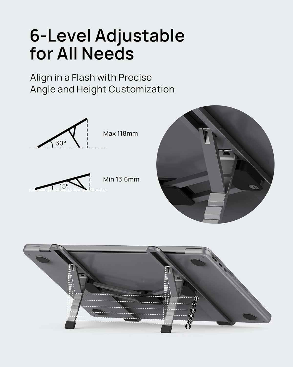 SODI Foldable Laptop Stand for Desk, 6-Levels Height Adjustment Portable Laptop Holder Riser, Ergonomic Aluminum Computer Stand for 10-15.6" Laptop and Tablet,Black