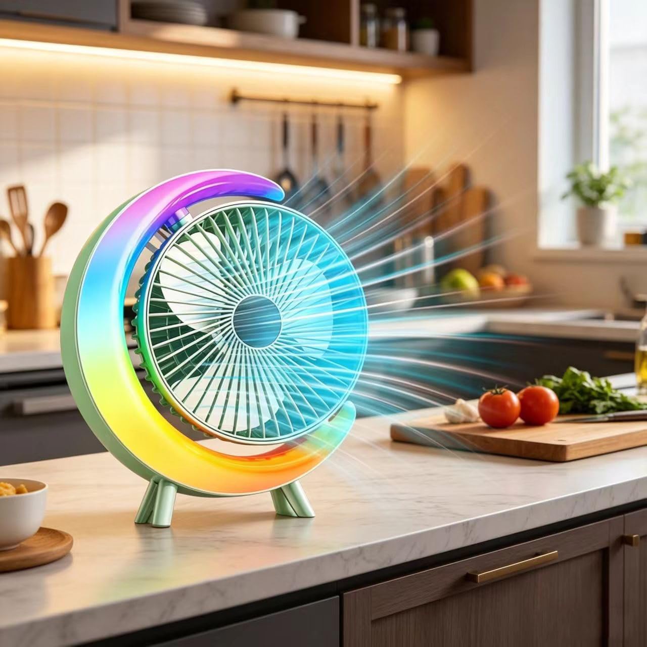 Small Quiet Desk Fan Rechargeable, Portable USB Table Fan with 5 Light Modes, 3-Speed 180° Rotation, Mini Desktop Personal Cooling Fans For Office Bedroom Kitchen Camping Dorm, Green-B