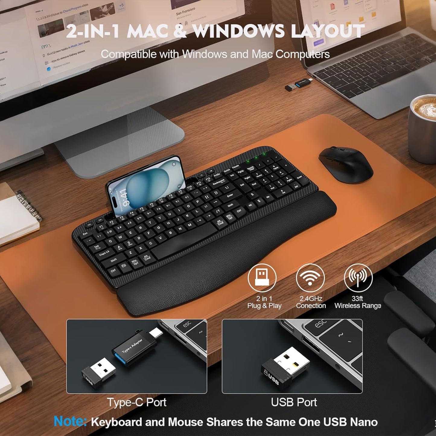 Wireless Keyboard and Mouse Combo, Wave Keys Full-Sized Ergonomic Keyboard with Cushioned Plam Rest, Phone Holder, Comfortable Natural Typing, 2.4G Cordless Set for Computer, Laptop, PC, Mac, Windows