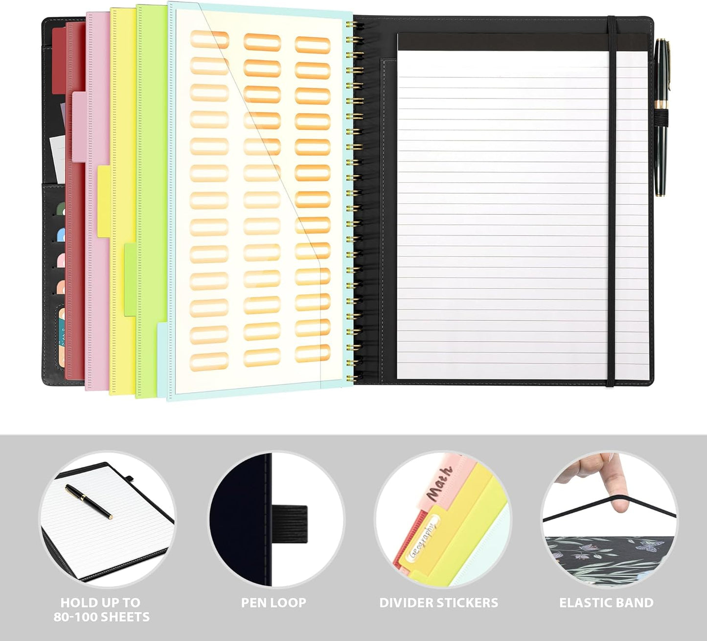 Clipboard with Storage for Men Women, Leather Padfolio Portfolio Organizer 5 Folders with 10 Pockets, Spiral Clipboard Folio with Notepad for Letter Size, Elastic Closure and Pen Loop Floral