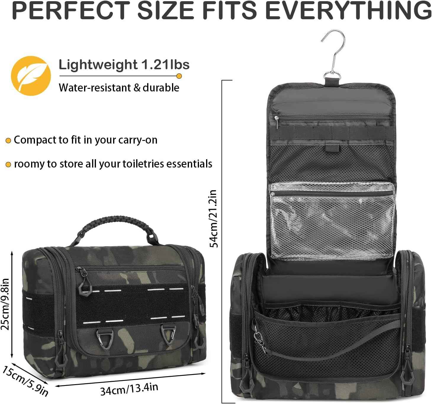 Tactical Toiletry Bag for Men - Hanging Dropp Kit Mens Toiletry Travel Bag for Toiletries, Traveling & Shaving Kit, Hygiene Bag Shower Bathroom Organizer with Handle & Swivel Hook, Black CM
