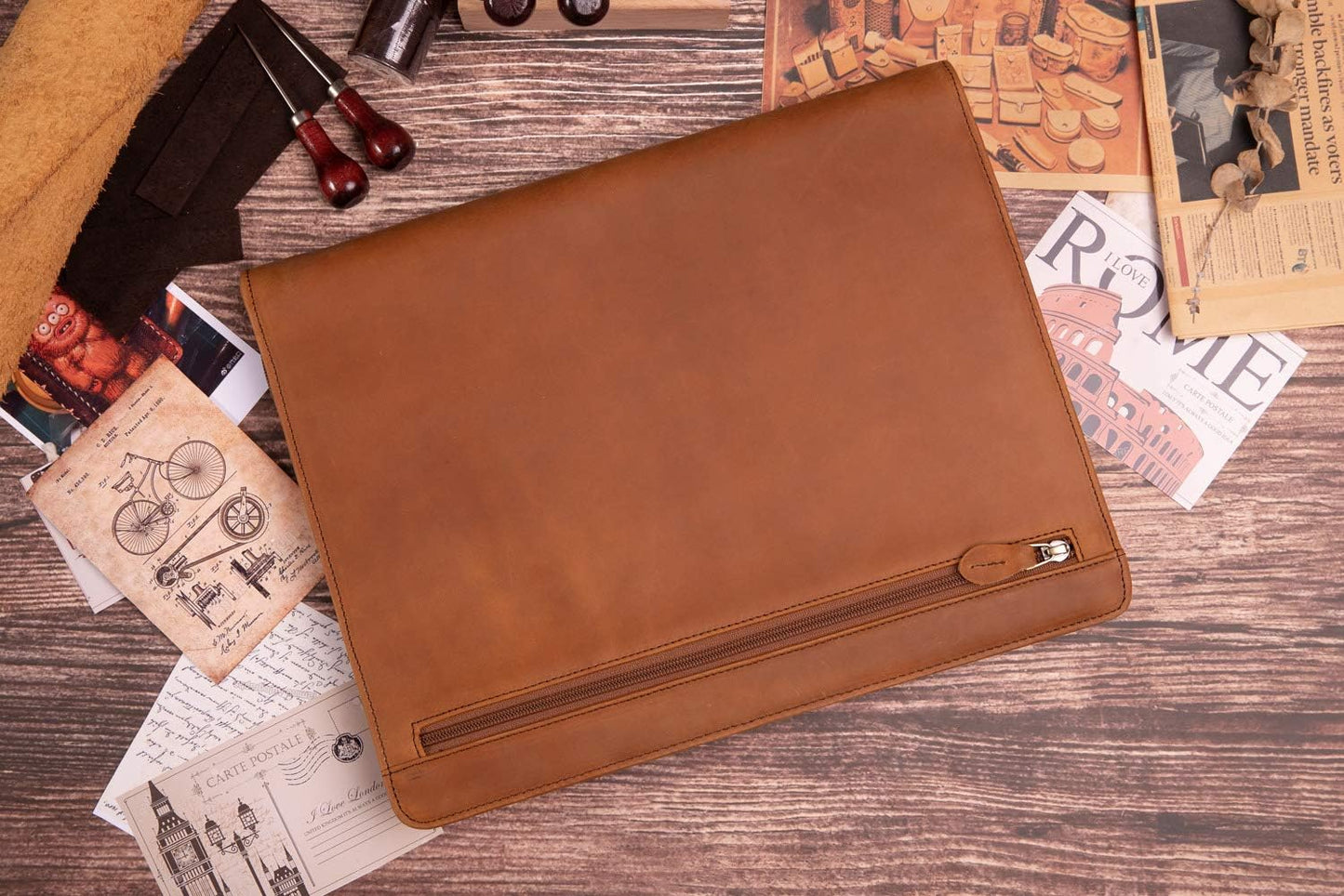 Genuine Leather Professioal Business Portfolio Padfolio Folder with Zipper for Men and Women,Work Portfolio for Letter Size Notepad, for Meeting and Travel, Brown