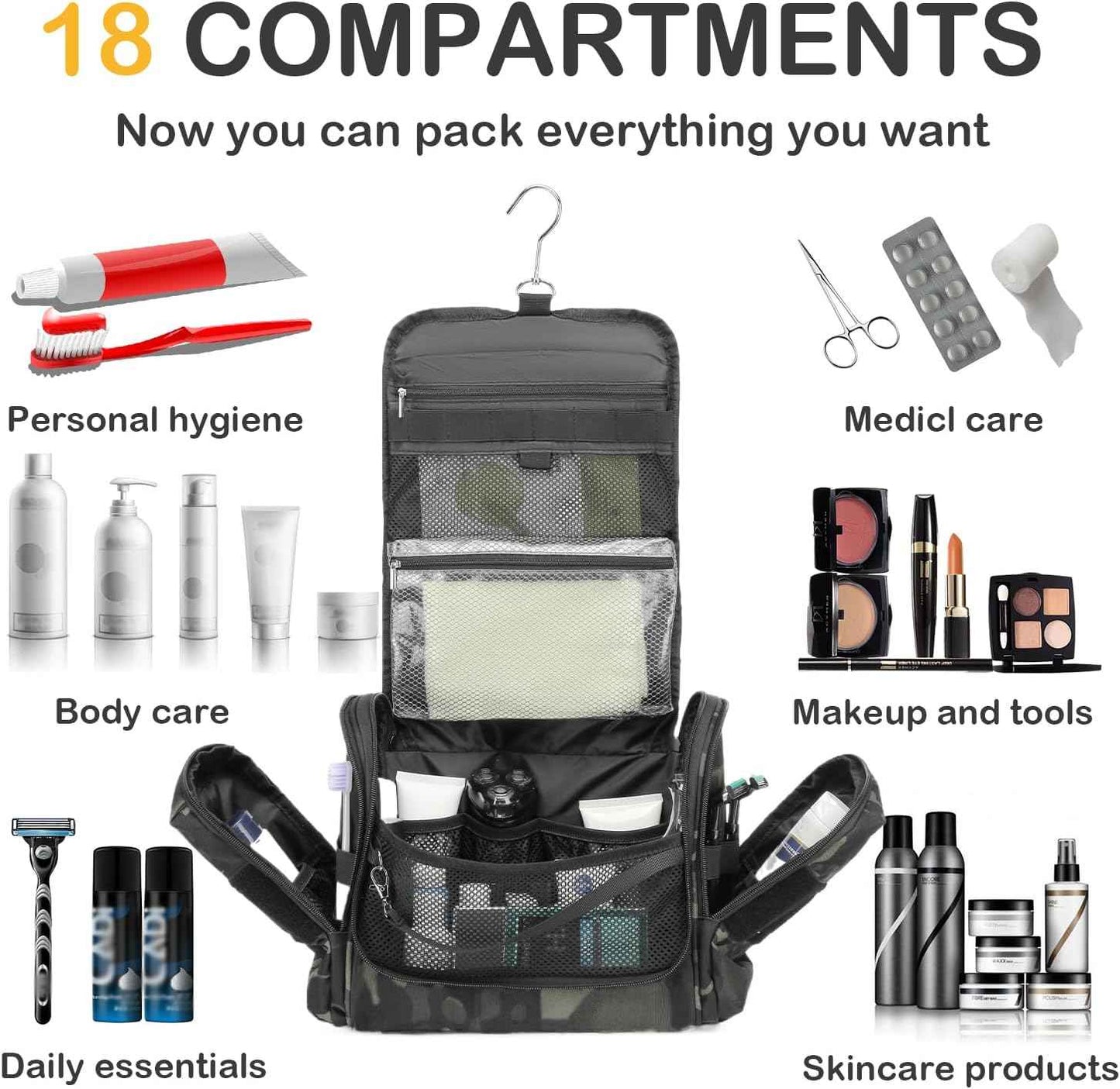 Tactical Toiletry Bag for Men - Hanging Dropp Kit Mens Toiletry Travel Bag for Toiletries, Traveling & Shaving Kit, Hygiene Bag Shower Bathroom Organizer with Handle & Swivel Hook, Black CM