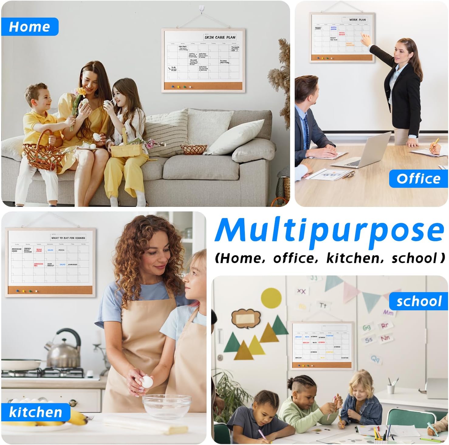 Dry Erase Calendar Whiteboard, 17" x 13" Magnetic Whiteboard Cork Board Combo, Reusable Monthly Planner with 8 Markers, Eraser, Magnets and Pushpins, Hanging Dry Erase Board for Home, School - White - Lumora Desk