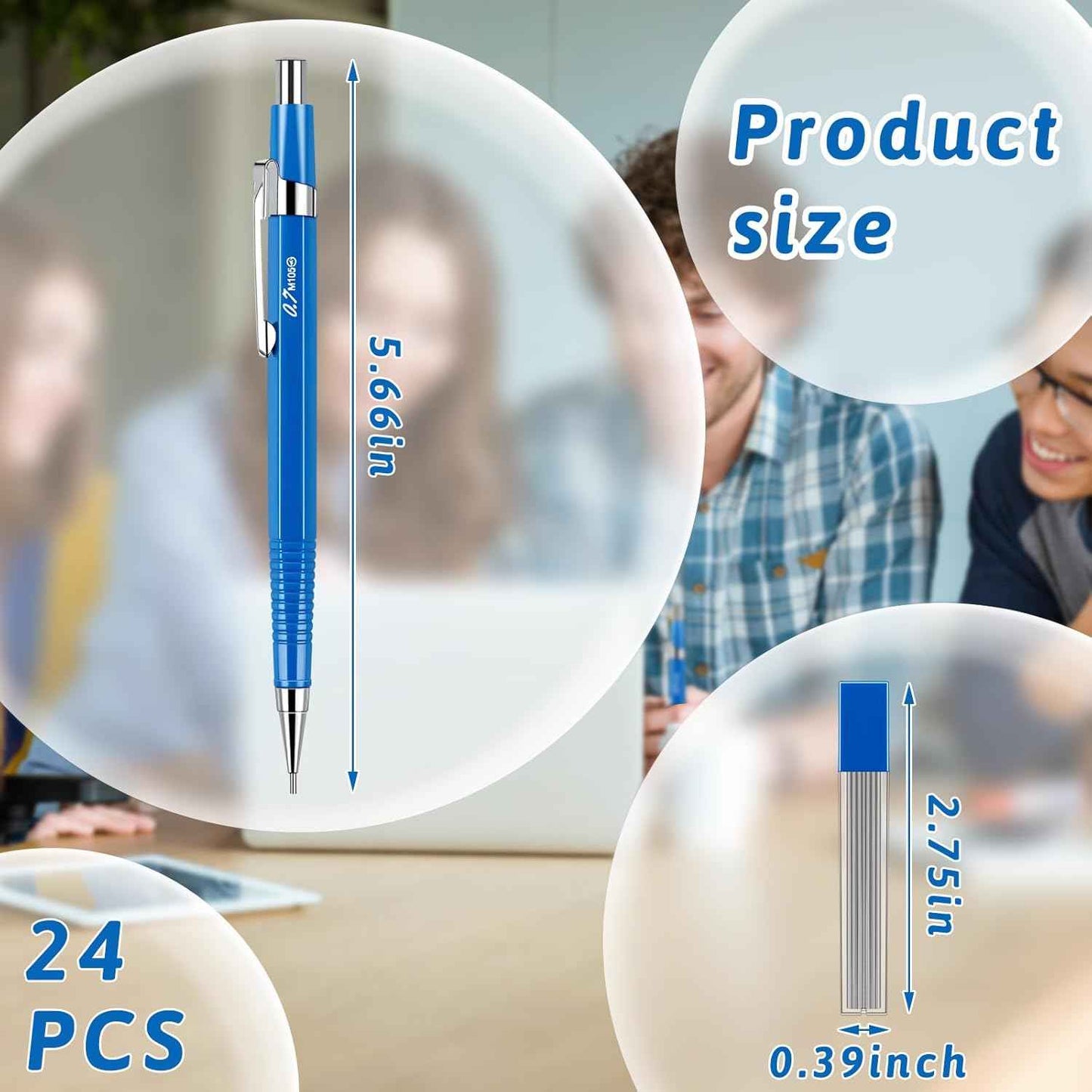 Gueevin 24 Pcs Mechanical Pencil Metal Penpoint Mechanical Pencil Retractable Automatic Drafting Pencils Refills for Writing Drawing Signature (0.7mm,Blue)