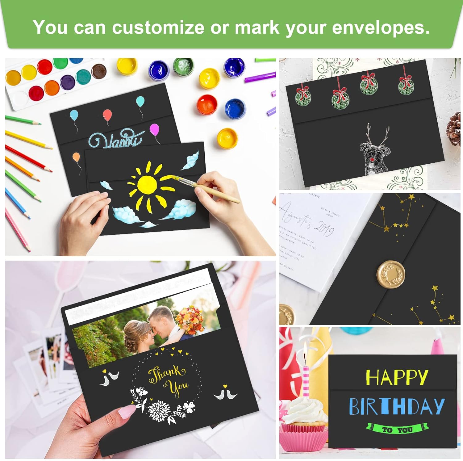 50 Packs 5x7 A7 Envelopes for Invitations, Photos, Greeting Cards - Self Seal for Weddings, Mailing (Black) - Lumora Desk