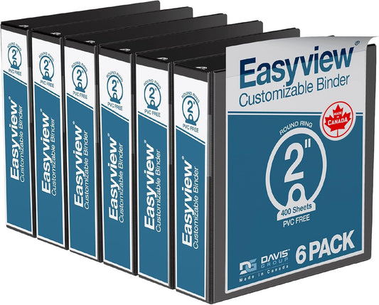 Easyview Premium 3-Ring Binders with Clear-View Covers and Round Rings, Binders for School or Office, 2 Inch, Pack of 6, Black