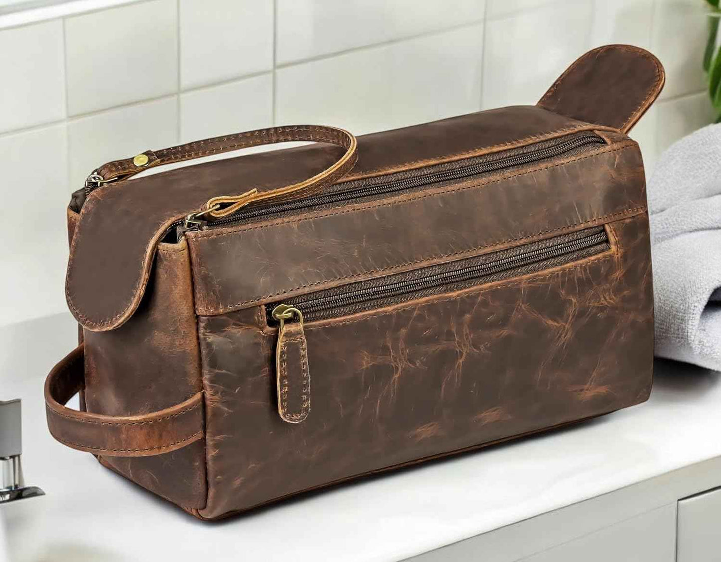 Genuine Leather Toiletry Bag Pouch For Men, Vintage Dopp-Kit For Shaving, Travel, Cosmetics And Toiletries, Stylish Organizer, Best Gift For Men By Shifaa Handicraft (Brown)