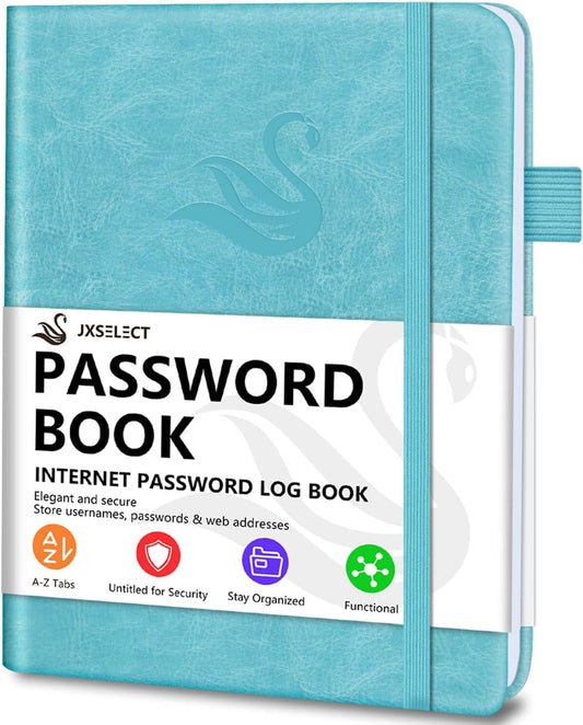 Elegant Password Book with Alphabetical Tabs - Hardcover Password Book for Internet Website Address Login - 7" x 10" Password Keeper and Organizer w/Notes Section & Back Pocket (Turquoise)