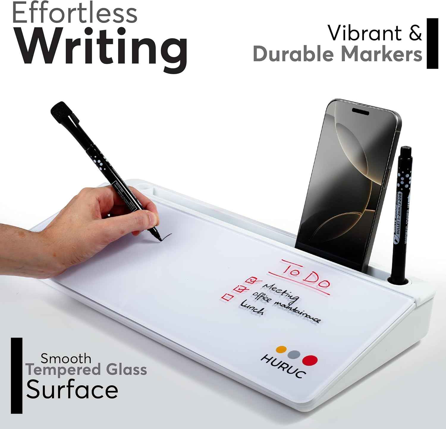 HURUC Small Glass Desktop Whiteboard with Storage,15.3"x7.08"x2.16" inch Desk White Board with Markers & Duster, Desktop Dry Erase Board, Desk Buddy Organizer for Home, Office, School (White)