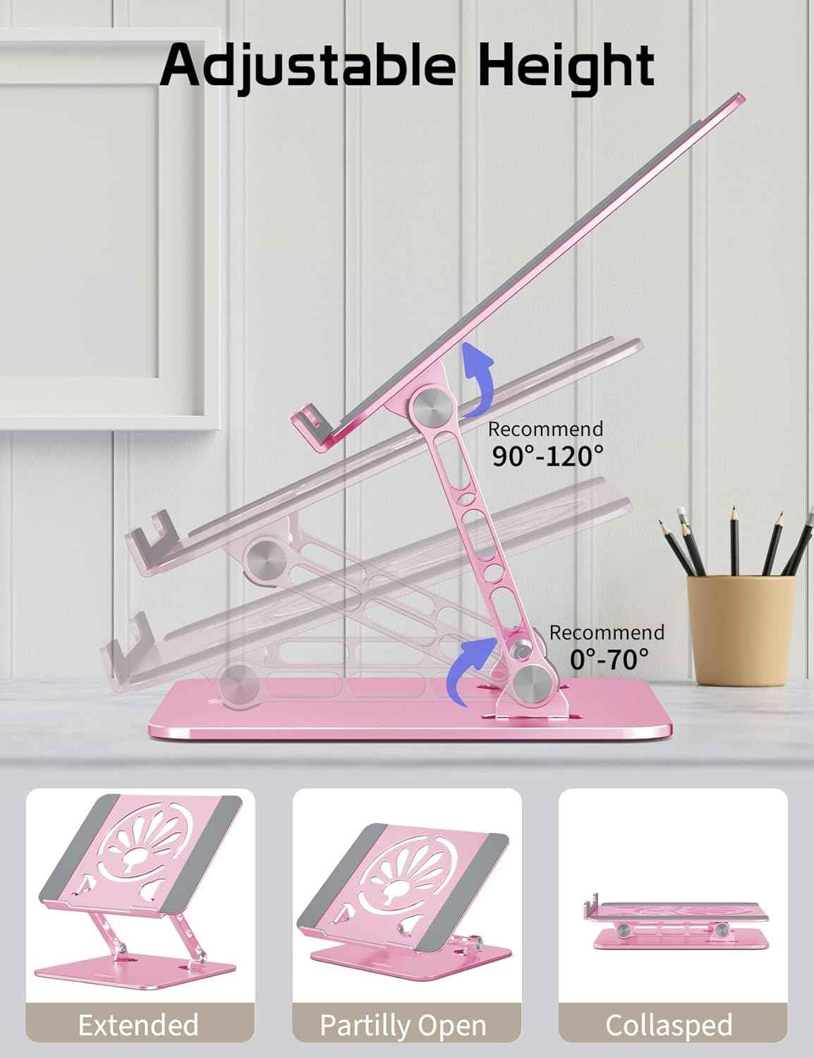 Aluminum Laptop Stand Adjustable Height & Angle | Ergonomic Riser for MacBook, Notebook & Tablet | Foldable, Portable, Ventilated Design for Office, Home, Travel – Fits 10"-15.6" Devices,Pink