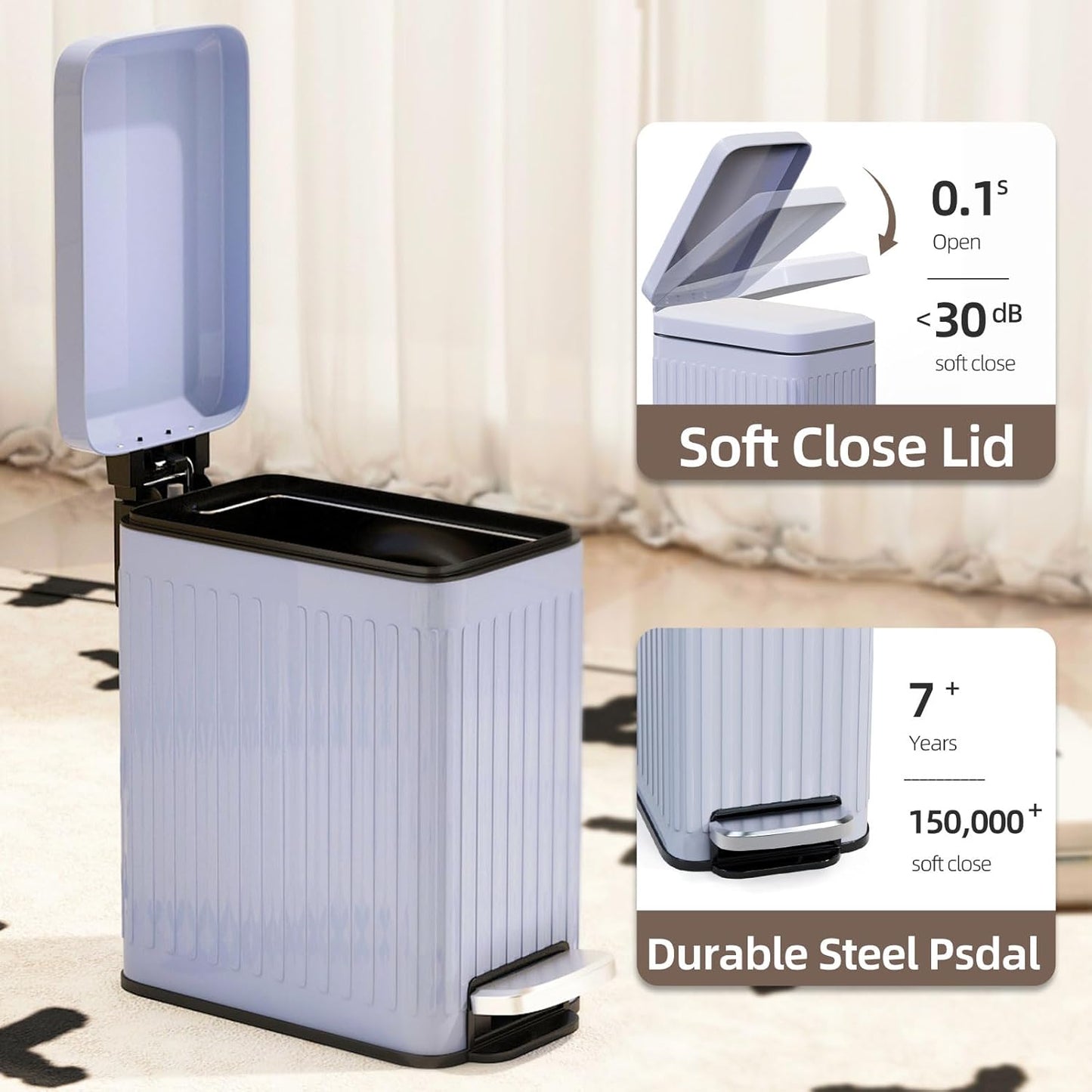 Slim Bathroom Trash Can with Lid Soft Close, 1.6 Gallon Stainless Steel Garbage Can with Removable Inner Bucket, Durable Step Pedal, Small Trash Bins for Toilet, Bedroom, Kitchen, Grey