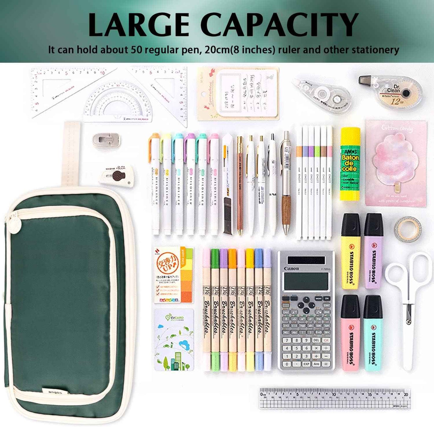 Large Capacity Pencil Case 4 Compartment Bag Organizer, Expandable Pen Bag, Portable Stationery Bag with Handle for Office Middle High College School (Green)