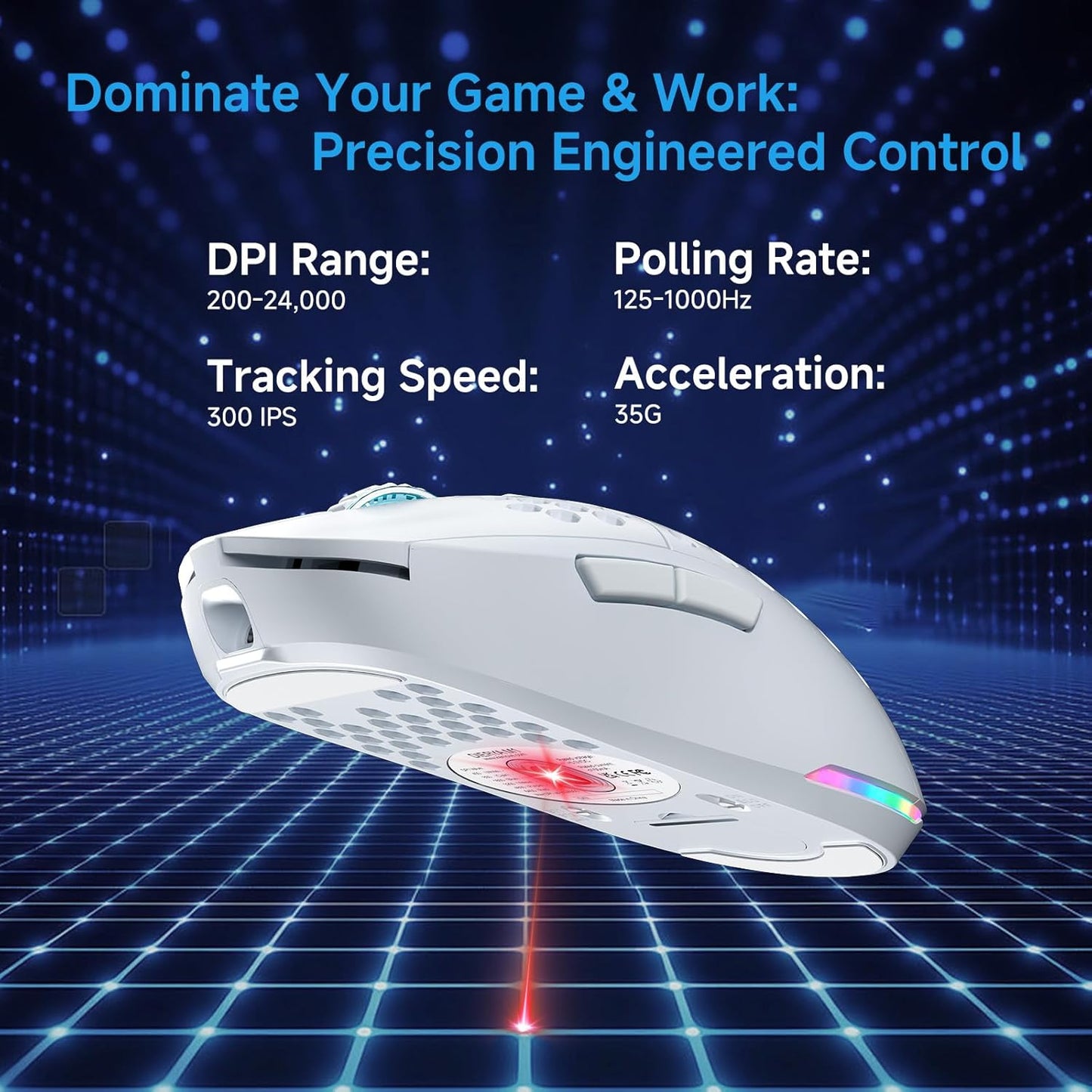 TMKB Falcon M1 Wireless Gaming Mouse, 24000DPI Optical Sensor, 180Hrs Battery, Lightweight, 6 Programmable Buttons, RGB Strip, 2.4G/BT5.2/USB-C Wired for PC/Mac/Laptop - Matte White