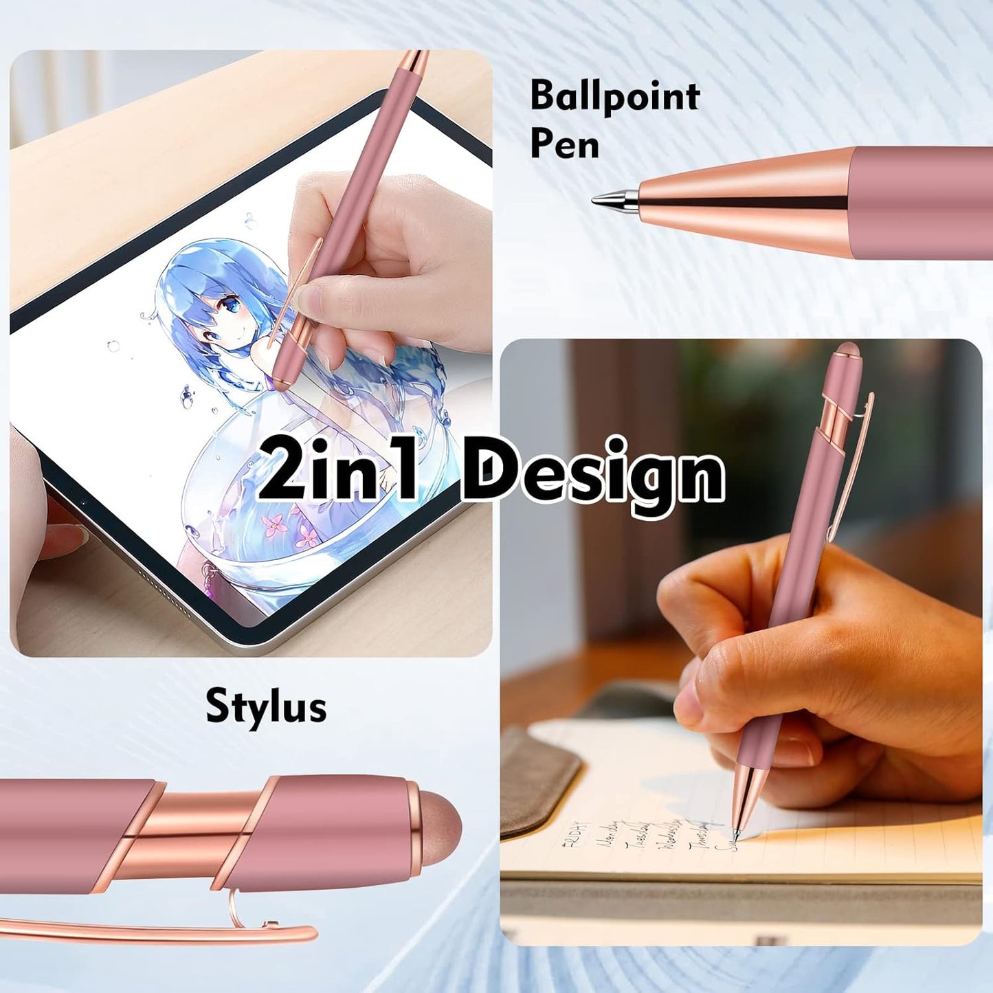 12 PCS 2 in 1 Stylus Ballpoint Pen with Stylus Tip, 1.0 mm Black Ink Metal Pen Stylus Pen for Touch Screens (Rose Gold & Gold)