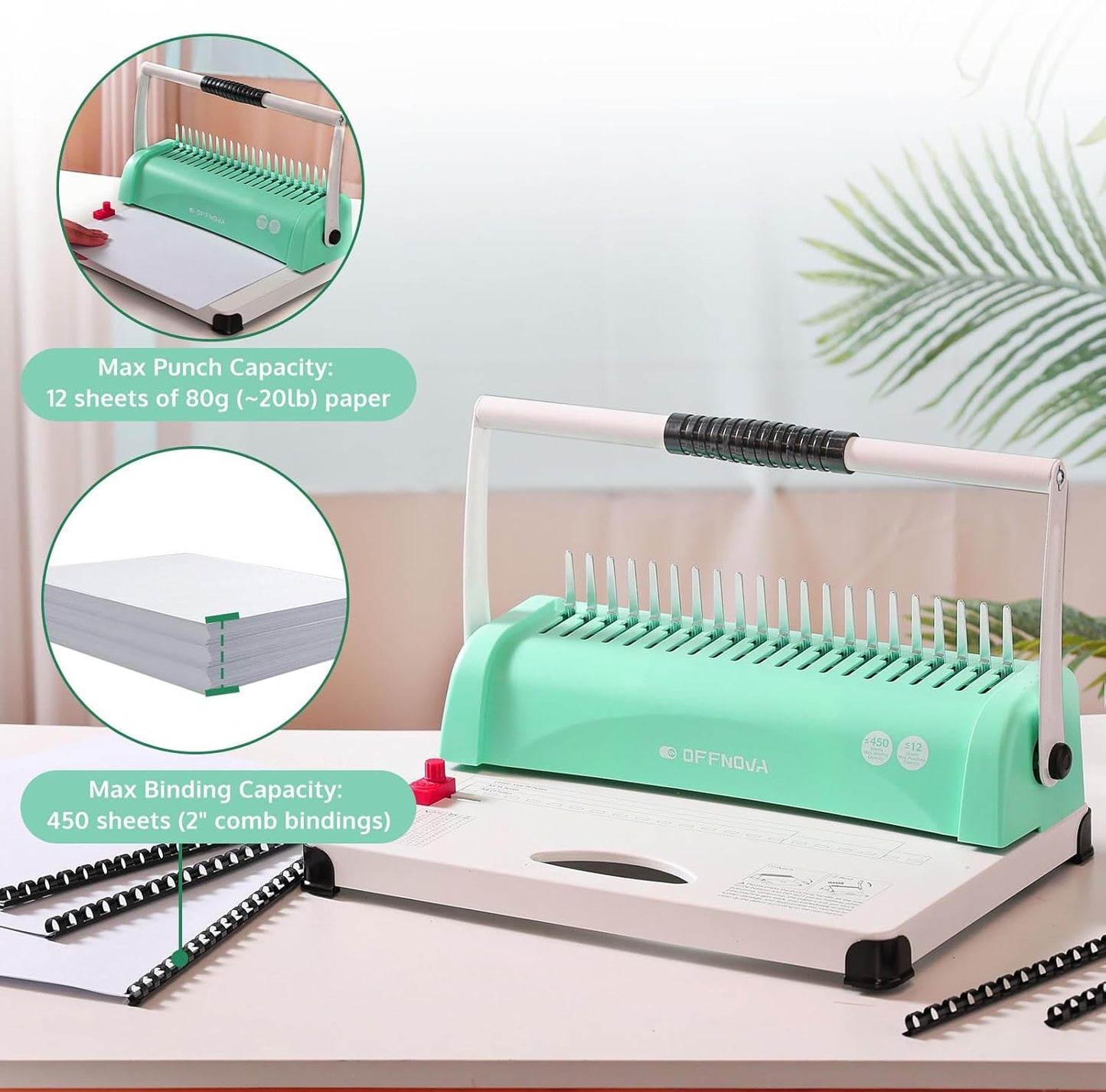 OFFNOVA Binding Machine, 21-Hole 450 Sheets Paper Comb Binding Machine for Letter Size / A4 / A5 Paper, Easy to Punch Handle, Adjustable Margin, Book Binder with 100 PCS 3/8'' Comb Binding Spines