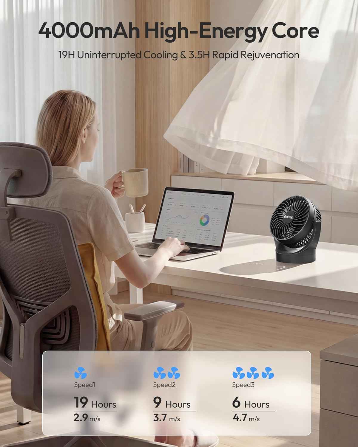 Gaiatop Portable Desk Fan, 3 Adjustable Speeds, Solid Black, Quiet Brushless Motor, 4000mAh Long-Lasting Battery, 135° Tilt Bedroom Fan for Home/Office/Outdoor (Black)