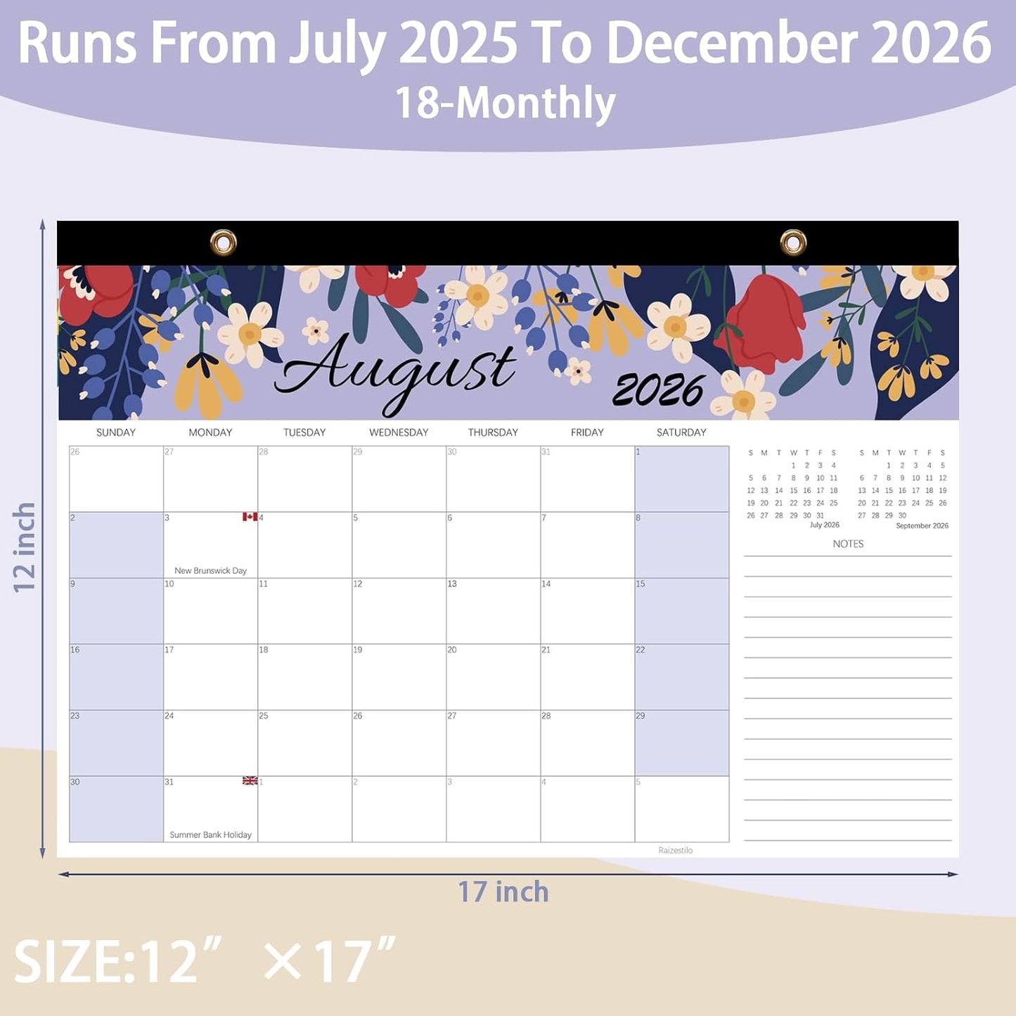 Calendar 2025-2026, Monthly Desk Calendar from July 2025 to December 2026, 17" x 12", Large Desktop Calendar Monthly, Perfect for Home or Office, Floral (Desk(17" x 12"）)