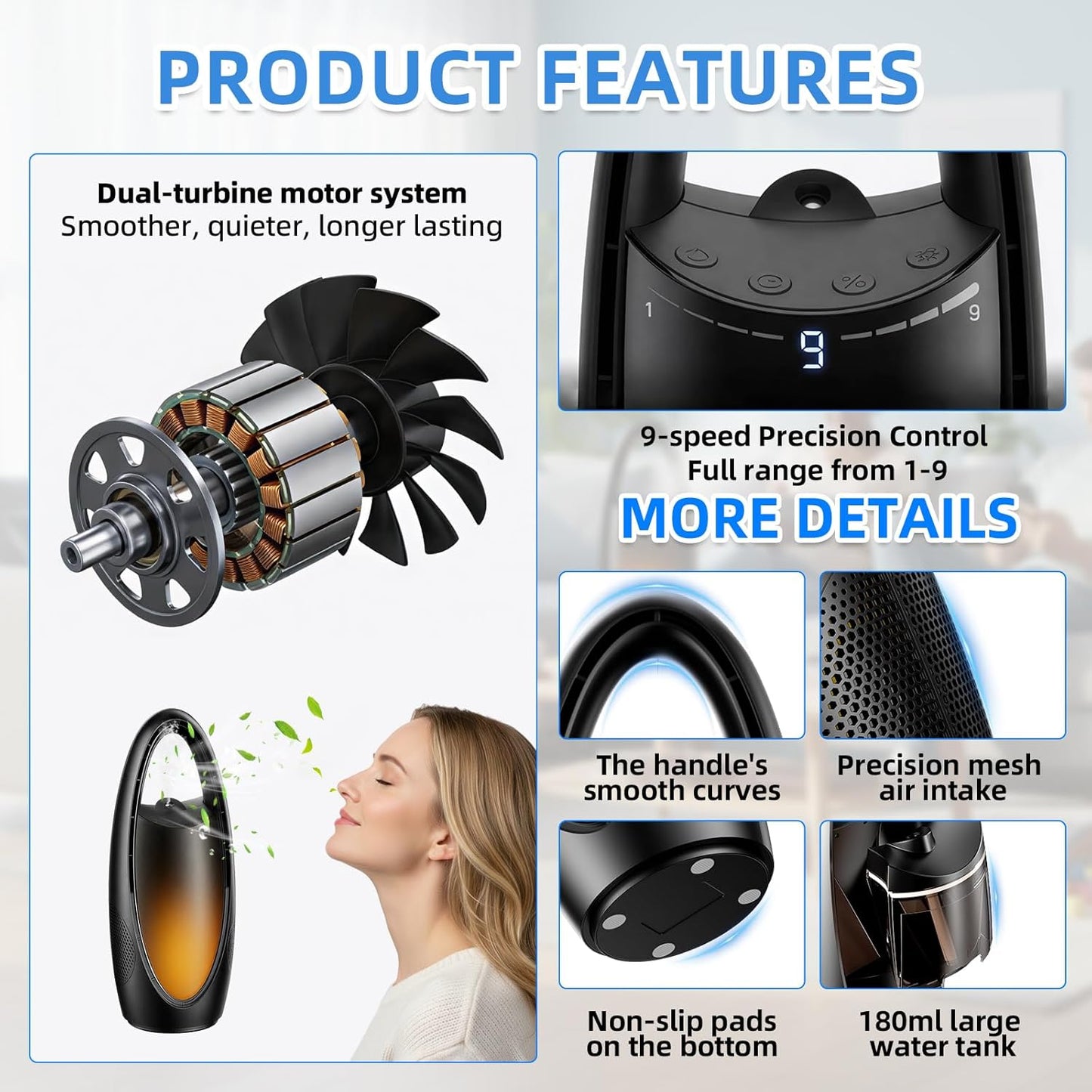 Bladeless Cooling Fan with Nano Cool Mist for Sleep & Hot Days, 13-Inch Rechargeable Quiet Desk Fan for Baby Nursery Bedroom Office Dorm, 9-Speed Oscillation, Night Light, 9H Timer