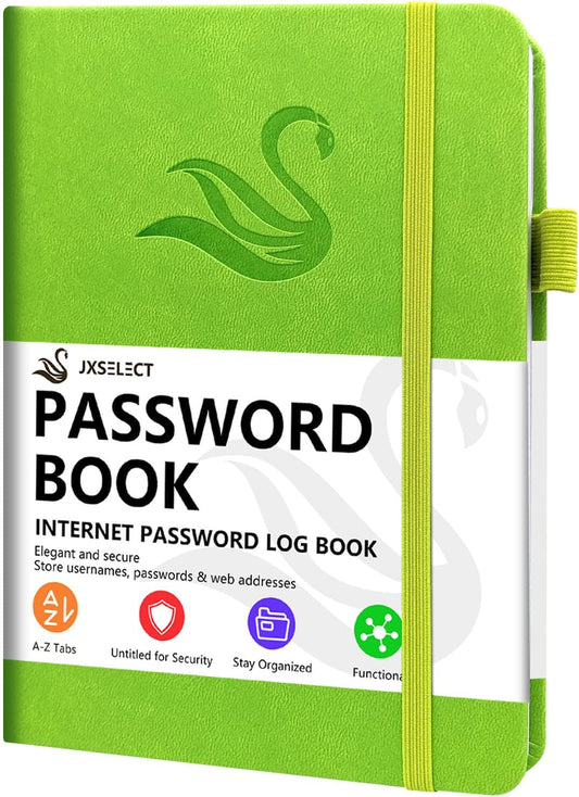 Elegant Password Book with Alphabetical Tabs - Hardcover Password Book for Internet Website Address Login - 5.2" x 7.6" Password Keeper and Organizer w/Notes Section & Back Pocket (Green)