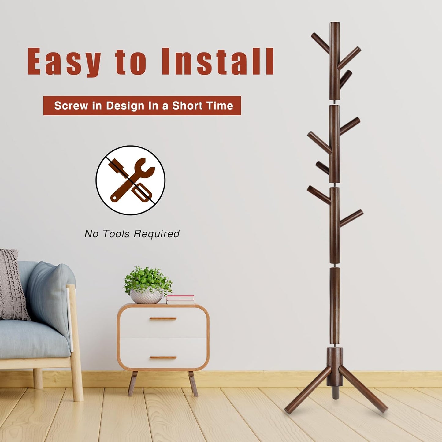 Wooden Coat Rack, Free Standing Coat Rack with 8 Hooks 3 Adjustable Heights for Clothes, Hats, Handbags, Coat Tree Easy Assembly for Entryway, Bedroom, Hallway, Office (New Brown) - Lumora Desk