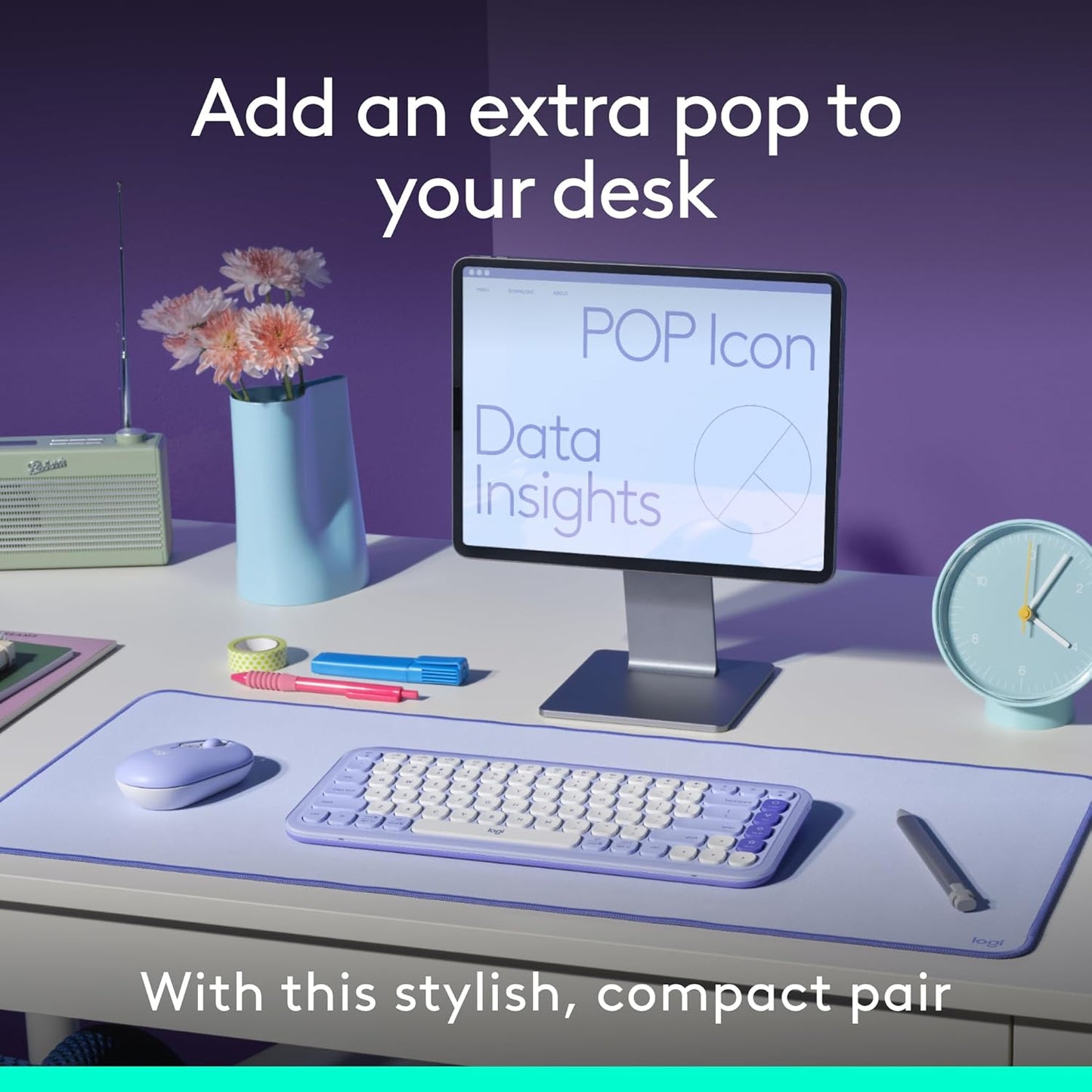 Logitech POP ICON Combo, Bluetooth Keyboard and Mouse Combo, Comfortable Typing, programmable Keys and Buttons, Quiet clicks, Easy-Switch up to 3 Devices - Lilac