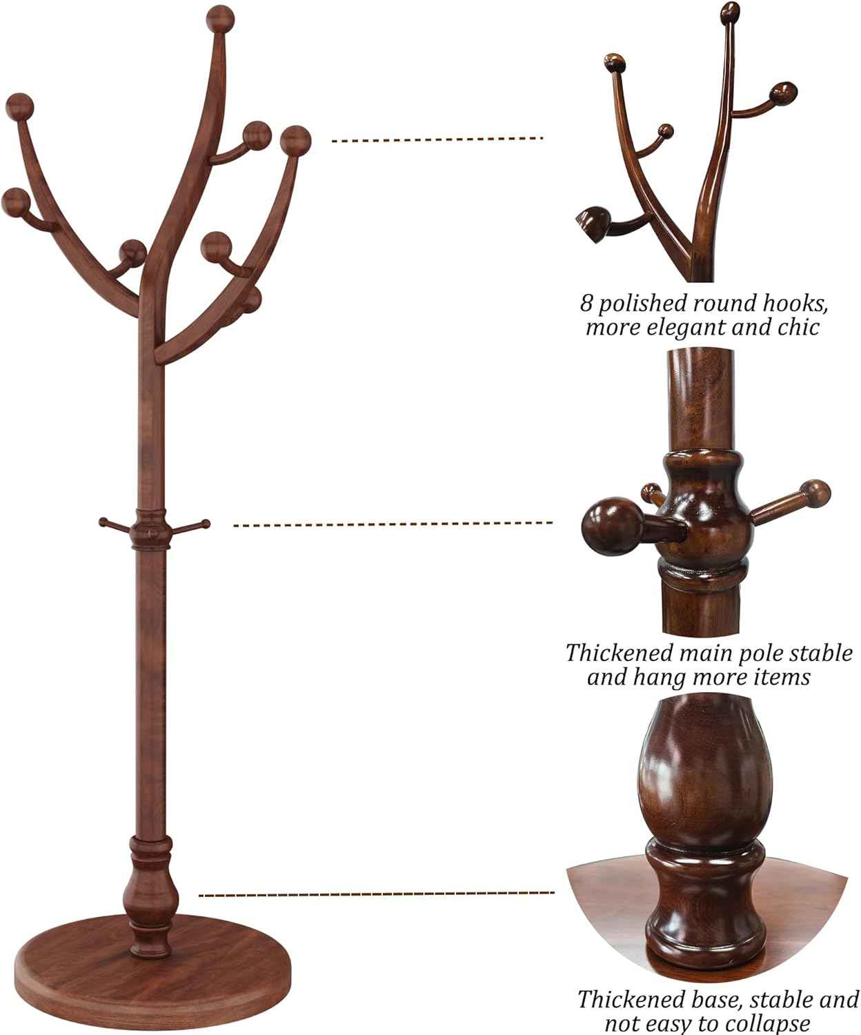 HOMEFORT Coat Rack Freestanding, Wooden Coat Tree Rack with 11 Hooks, Heavy Duty Wood Clothes Hanger with Sturdy Round Base, Vintage Coat Hat Stand for Entryway, Hallway, Bedroom,Walnut