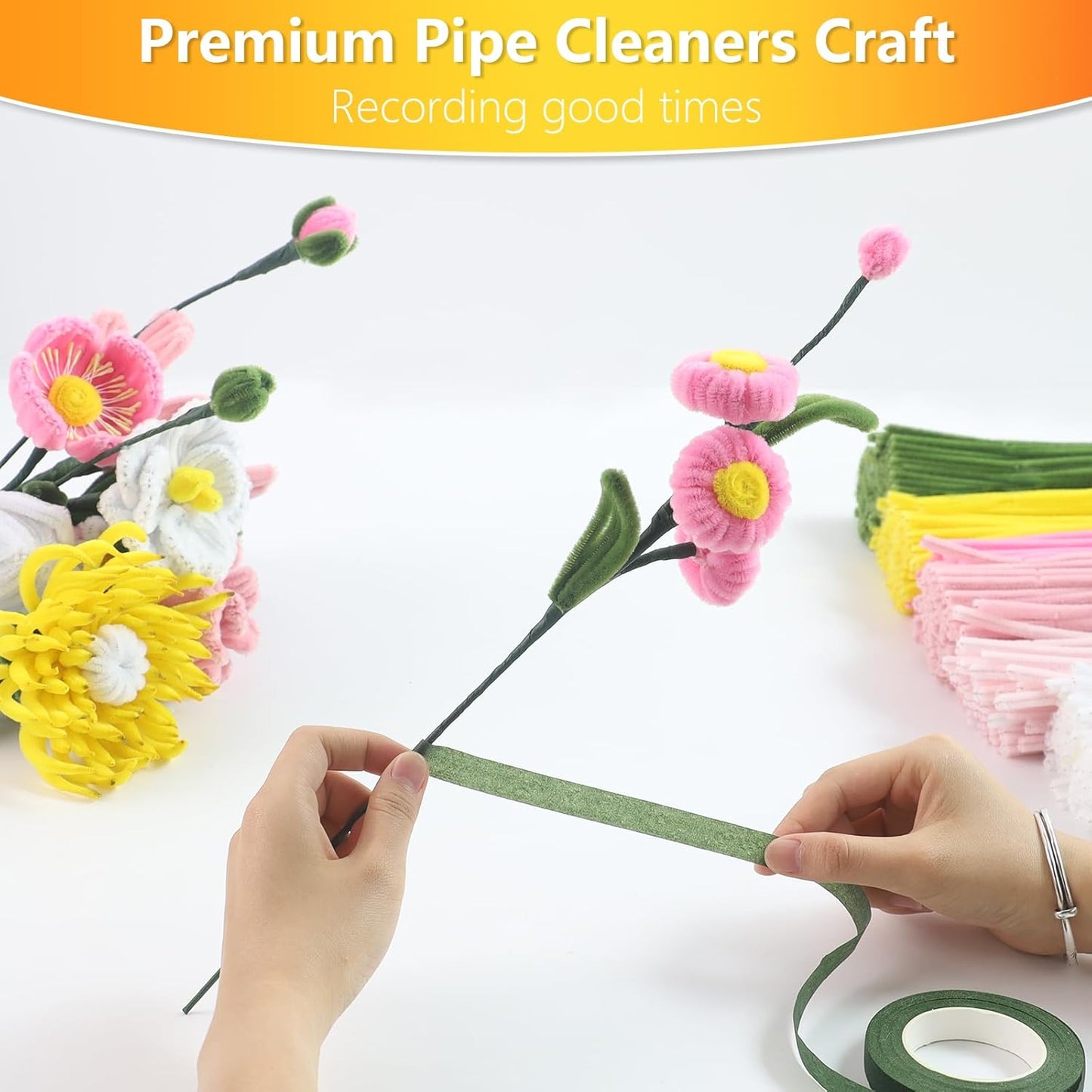 400 Pcs Pipe Cleaners Craft,6 Assorted Colors Pipe Cleaners Bulk, Chenille Stems for DIY Flower Making Kit with Floral Wires, Gardening Tape,Stamen& Ribbon (Pink Flower)