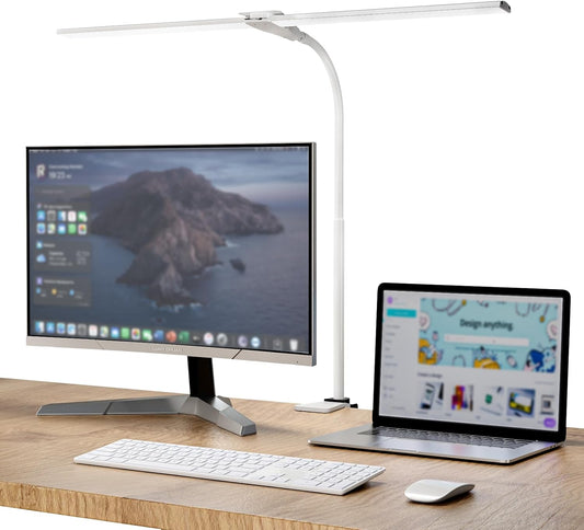 LED Desk Lamp, Double Head Desk Lamps for Home Office, Dimmable 25 Lighting Modes Bright Desk Lighting,12W 1400lm Eye-Caring Architect Table Lamp for Workbench Monitor Reading Study, White - Lumora Desk