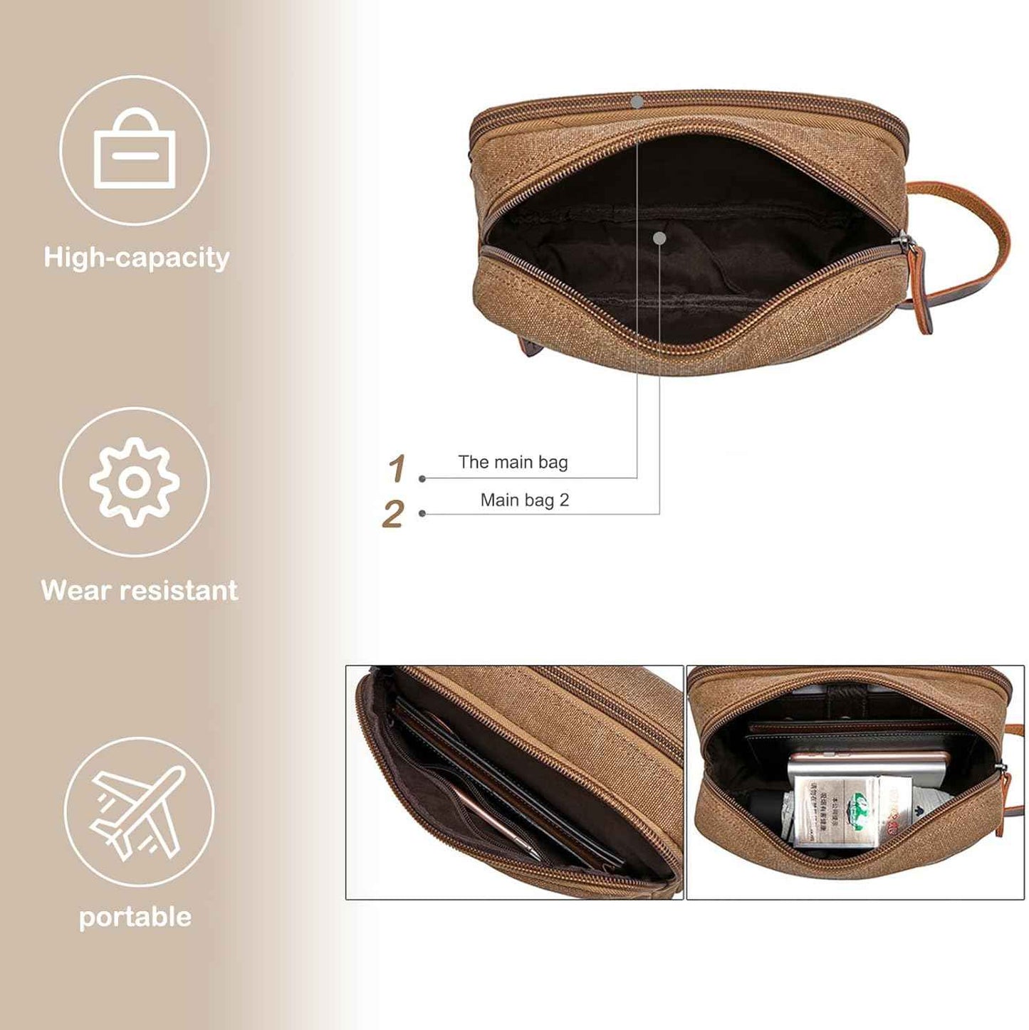 Tumecos Men’s Toiletry Bag Leather Waxed Canvas Shaving Dopp Kit Travel Accessories Organizer Bag