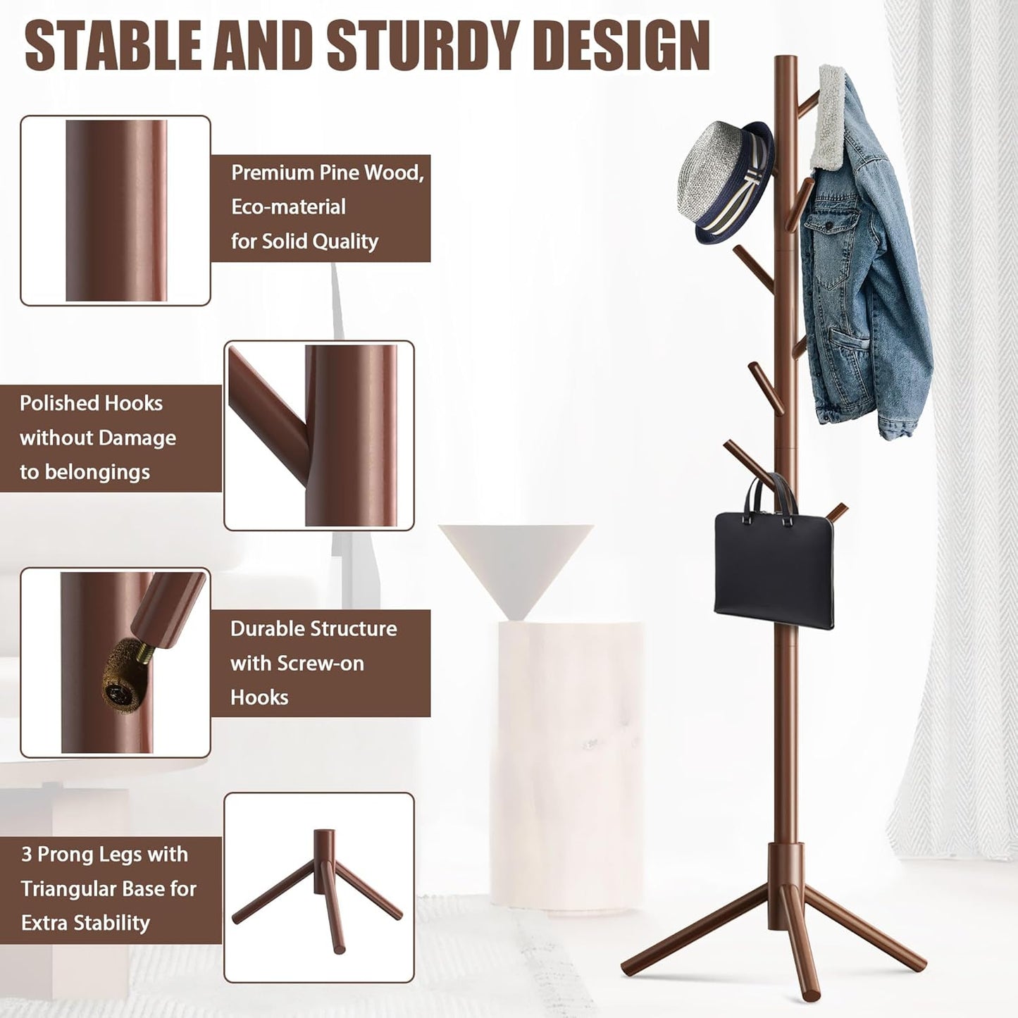 Haddockway Wooden Coat Rack Stand with 8 Hooks New Zealand Pine 3 Adjustable Coat Standing Tree Easy Assembly for Coats, Hats, Scarves and Handbags for Entryway, Hallway, Bedroom, Office,2 PCS - Lumora Desk