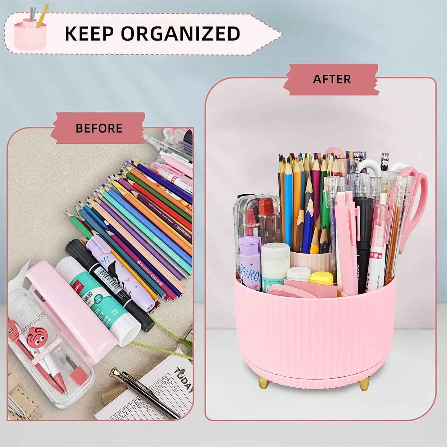 Pink Office Desk Accessories, 15pcs Office Supplies 360°Pen Holder , Stapler, Staple Remover, Tape Dispenser,Tape Refills, Binder Paper Clips Kit, Scissor, Cute Desk Accessories for Women Gift Set
