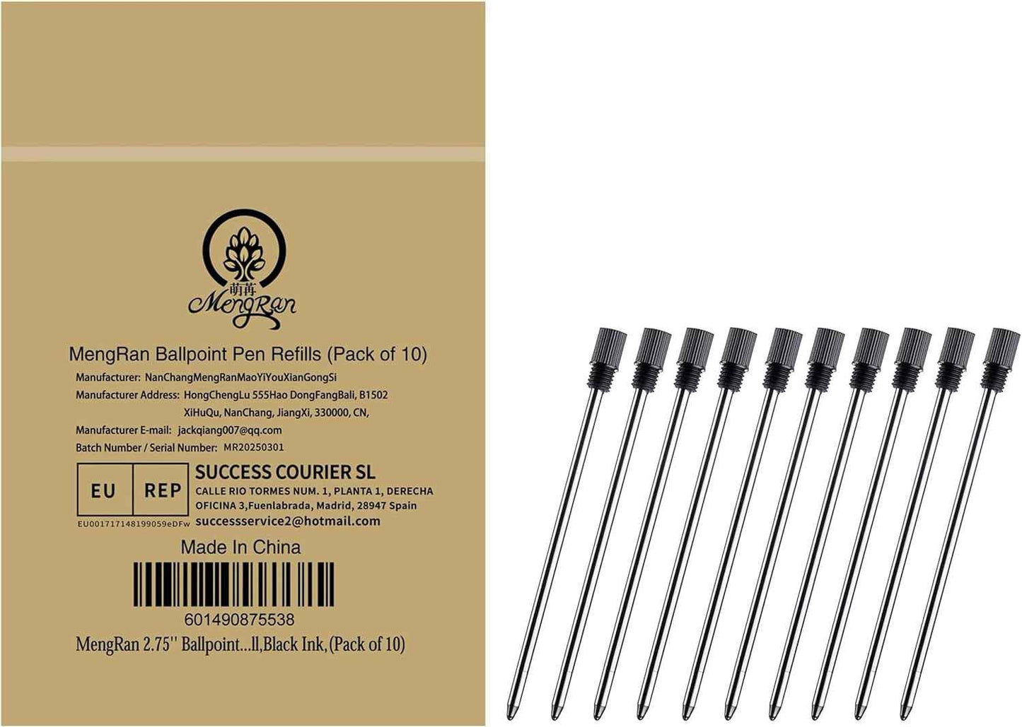 MengRan 2.75'' Mini D1 Ballpoint Ink Pen Refills for Twist Pens, 1mm Medium Tip, Compatible with Swarovski Pen Refills (10 Pcs Black Ink)