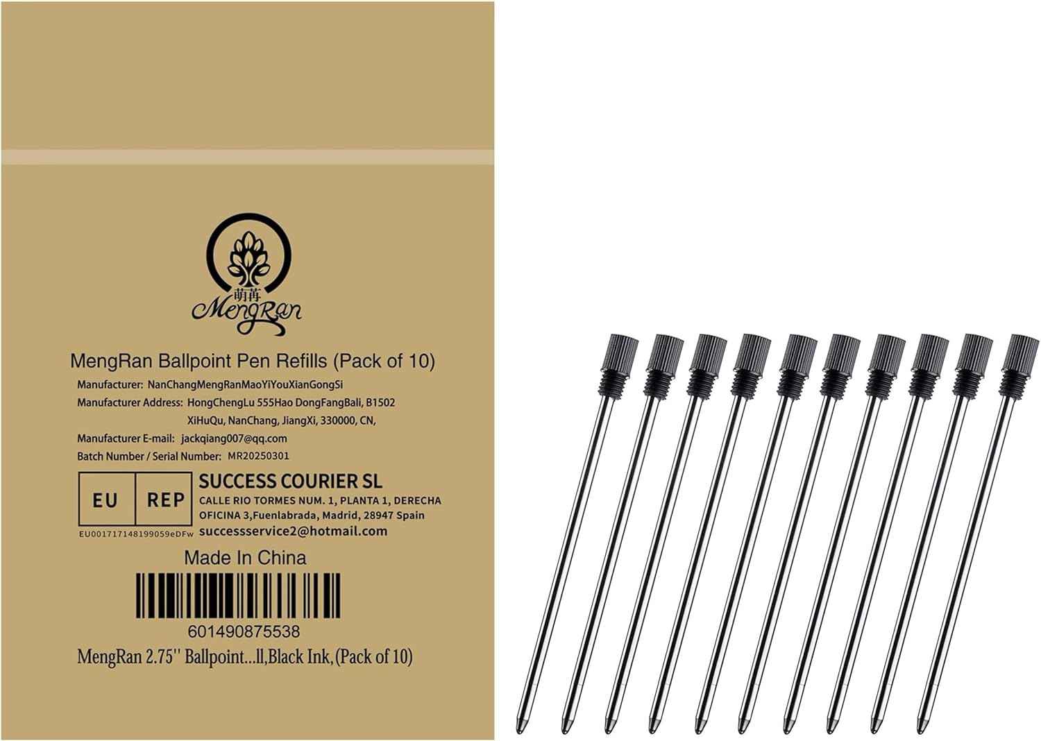 MengRan 2.75'' Mini D1 Ballpoint Ink Pen Refills for Twist Pens, 1mm Medium Tip, Compatible with Swarovski Pen Refills (10 Pcs Black Ink)