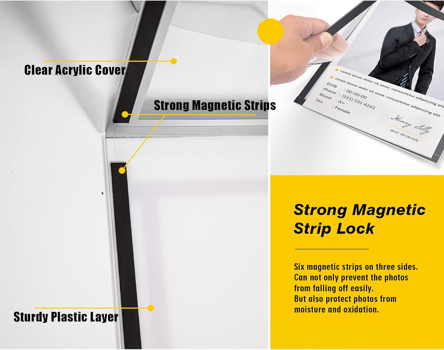 Acrylic Magnetic Sign Holder, Easy-Opening 8.5 x 11 Wall Mount Display Frames, Self Adhesive Back Plastic Clear Document Frame, Horizontal & Vertical Display (Black, 3Pack)