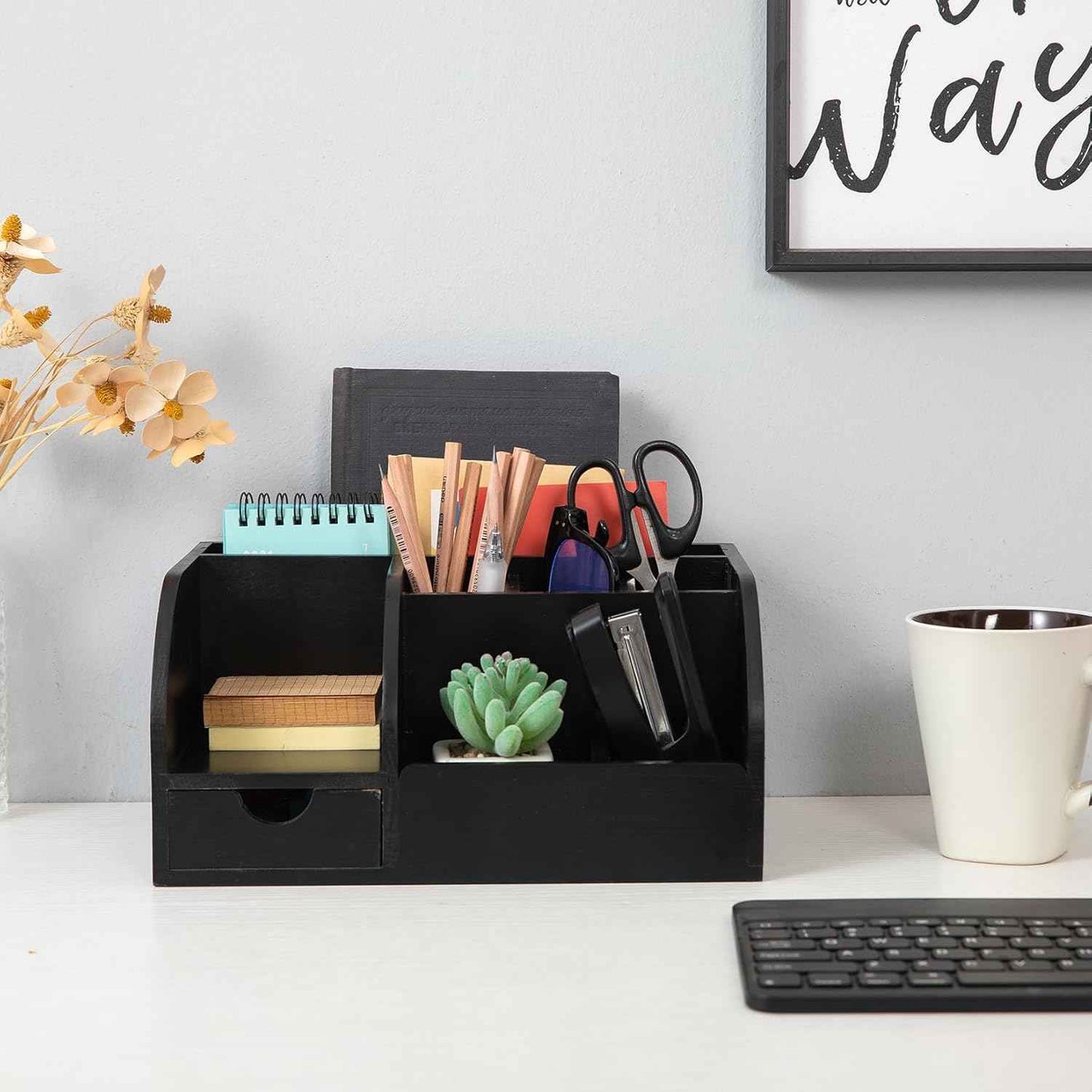 Office Desk Drawer Supply Organizer and Accessories, Wood Desk Organizer with 6 Compartments & 1 Drawer Binders Folder Papers Holder Pen Holder Office Desktop File Organizer (black)
